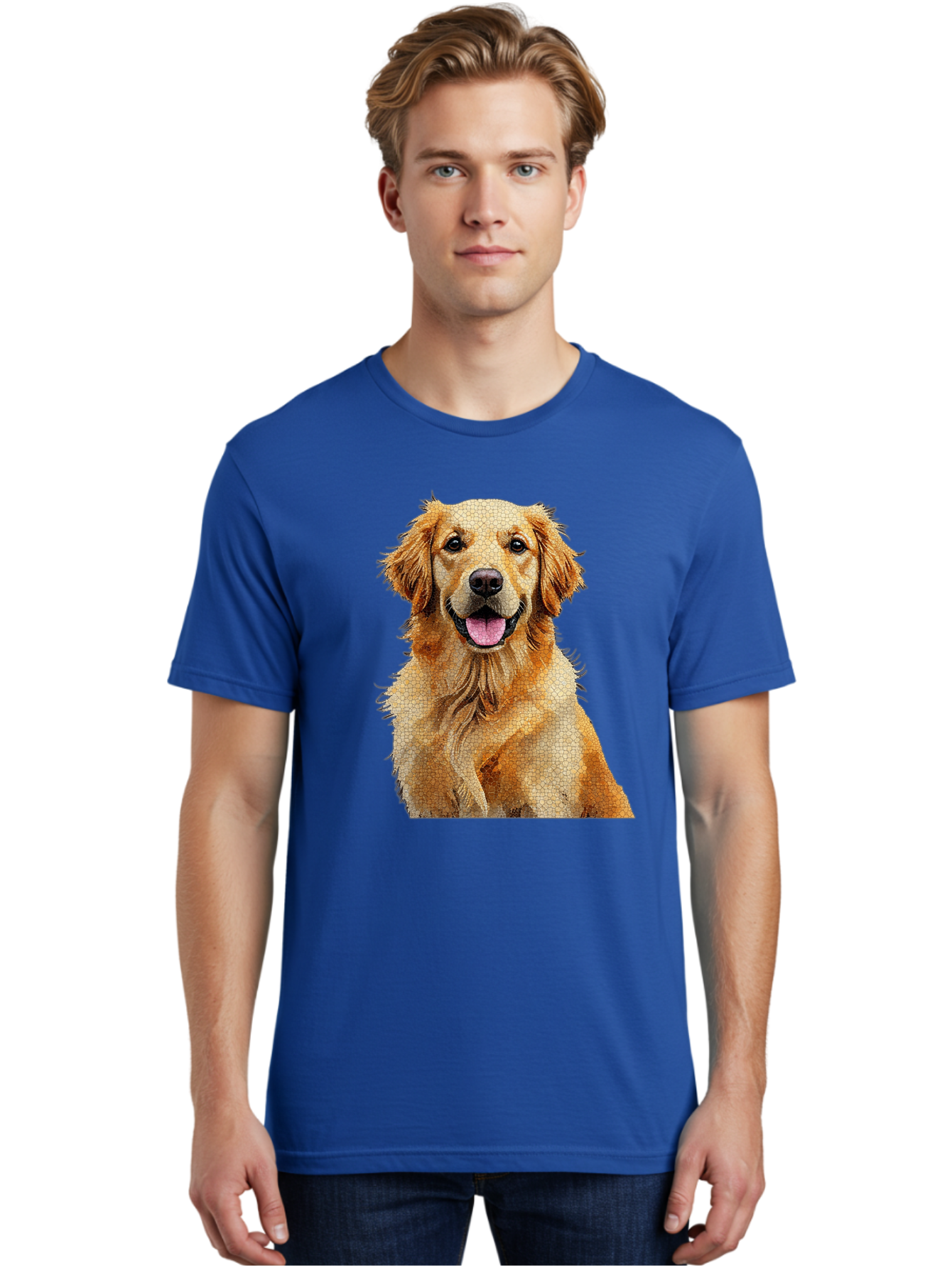 Golden-Retriever-Dog Men'S Graphic Tee, 100% Cotton, Comfortable Casual Summer Wear, Machine Washable, Golden Retriever, Happy Dog, Furry Friend, Dog Portrait, Happy Expression, Tongue Out, Dog Photography, Canine Companion, Friendly Animal Bab984