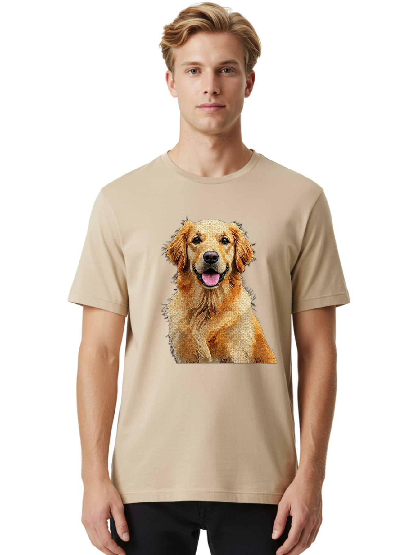 Golden-Retriever-Dog Men'S Graphic Tee, 100% Cotton, Comfortable Casual Summer Wear, Machine Washable, Golden Retriever, Happy Dog, Furry Friend, Dog Portrait, Happy Expression, Tongue Out, Dog Photography, Canine Companion, Friendly Animal Bab984