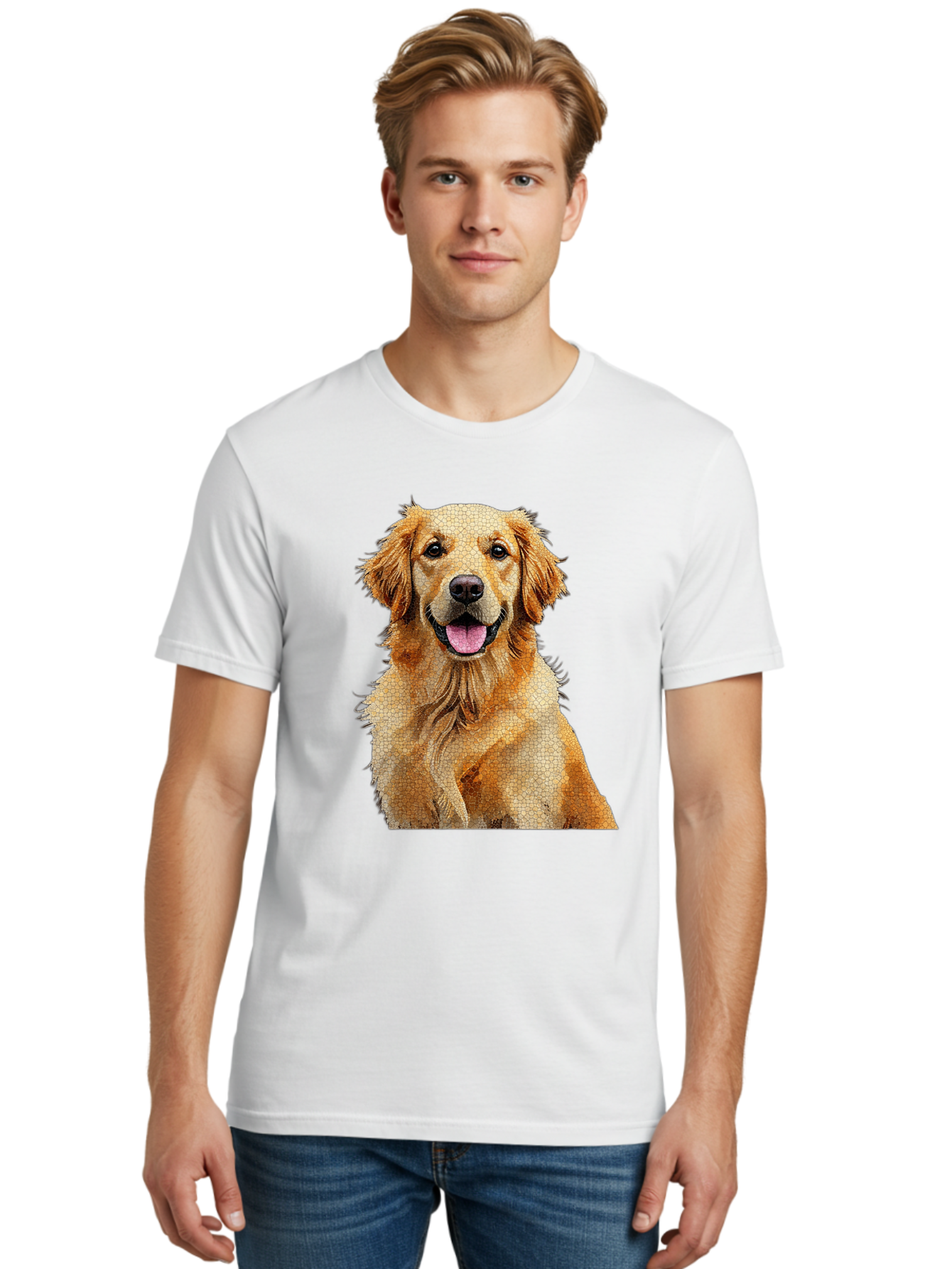 Golden-Retriever-Dog Men'S Graphic Tee, 100% Cotton, Comfortable Casual Summer Wear, Machine Washable, Golden Retriever, Happy Dog, Furry Friend, Dog Portrait, Happy Expression, Tongue Out, Dog Photography, Canine Companion, Friendly Animal Bab984