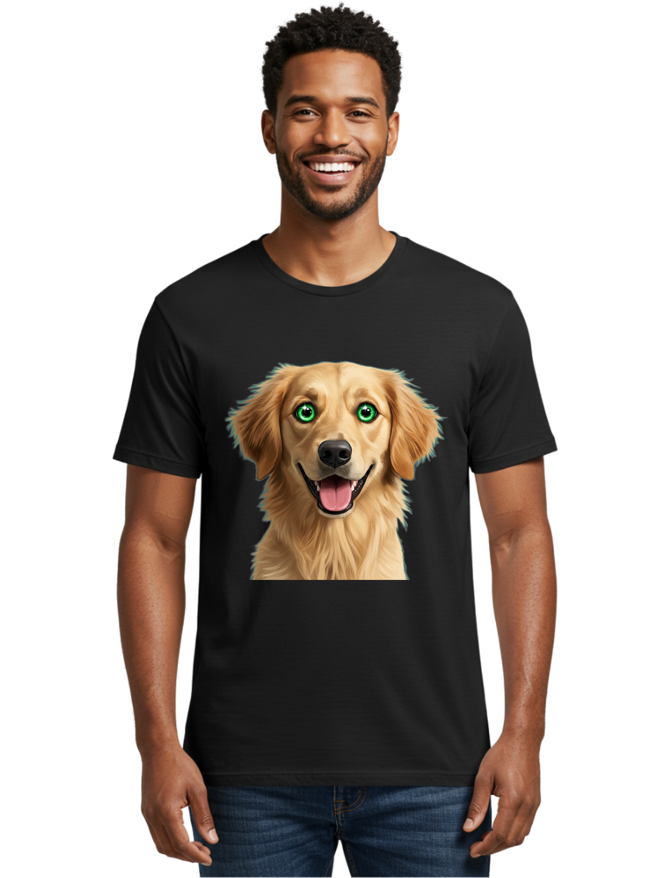 Golden-Retriever-Head-1 Men'S Graphic Tee, 100% Cotton, Comfortable Casual Summer Wear, Machine Washable, Happy Dog, Golden Retriever, Cartoon Dog, Dog Portrait, Friendly Canine, Smiling Dog, Green Eyes, Dog Art, Animal Illustration, Bab985