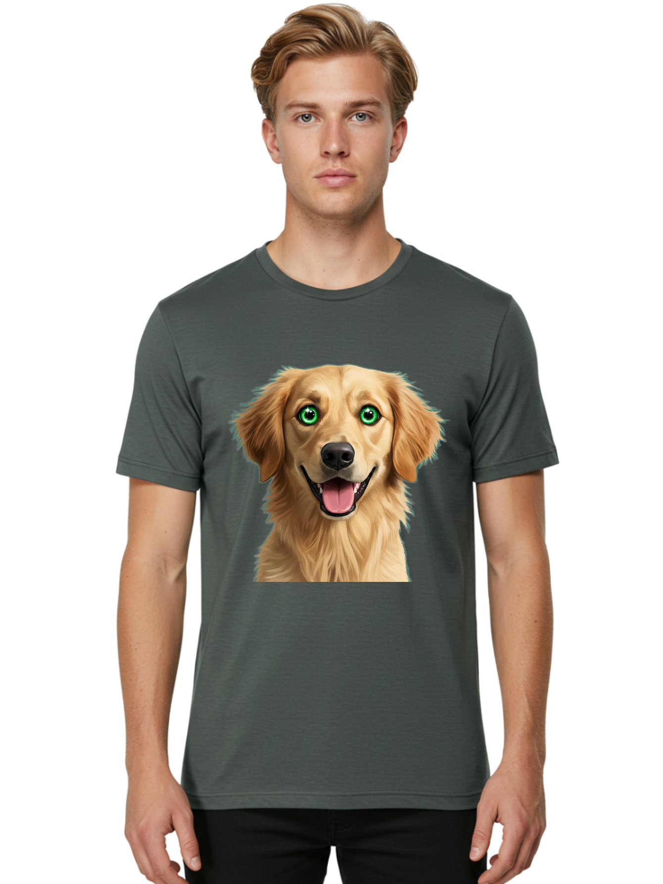 Golden-Retriever-Head-1 Men'S Graphic Tee, 100% Cotton, Comfortable Casual Summer Wear, Machine Washable, Happy Dog, Golden Retriever, Cartoon Dog, Dog Portrait, Friendly Canine, Smiling Dog, Green Eyes, Dog Art, Animal Illustration, Bab985