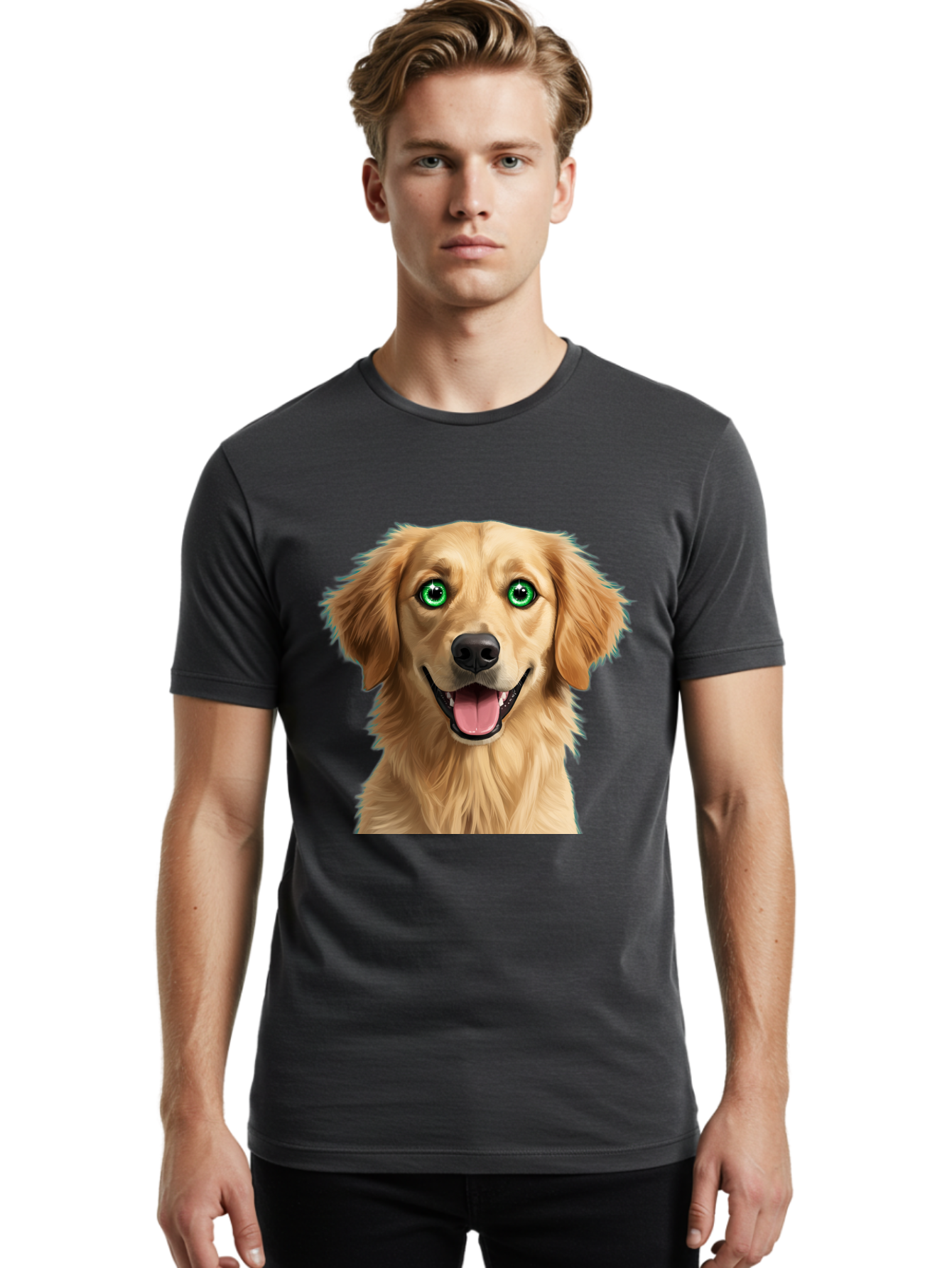 Golden-Retriever-Head-1 Men'S Graphic Tee, 100% Cotton, Comfortable Casual Summer Wear, Machine Washable, Happy Dog, Golden Retriever, Cartoon Dog, Dog Portrait, Friendly Canine, Smiling Dog, Green Eyes, Dog Art, Animal Illustration, Bab985