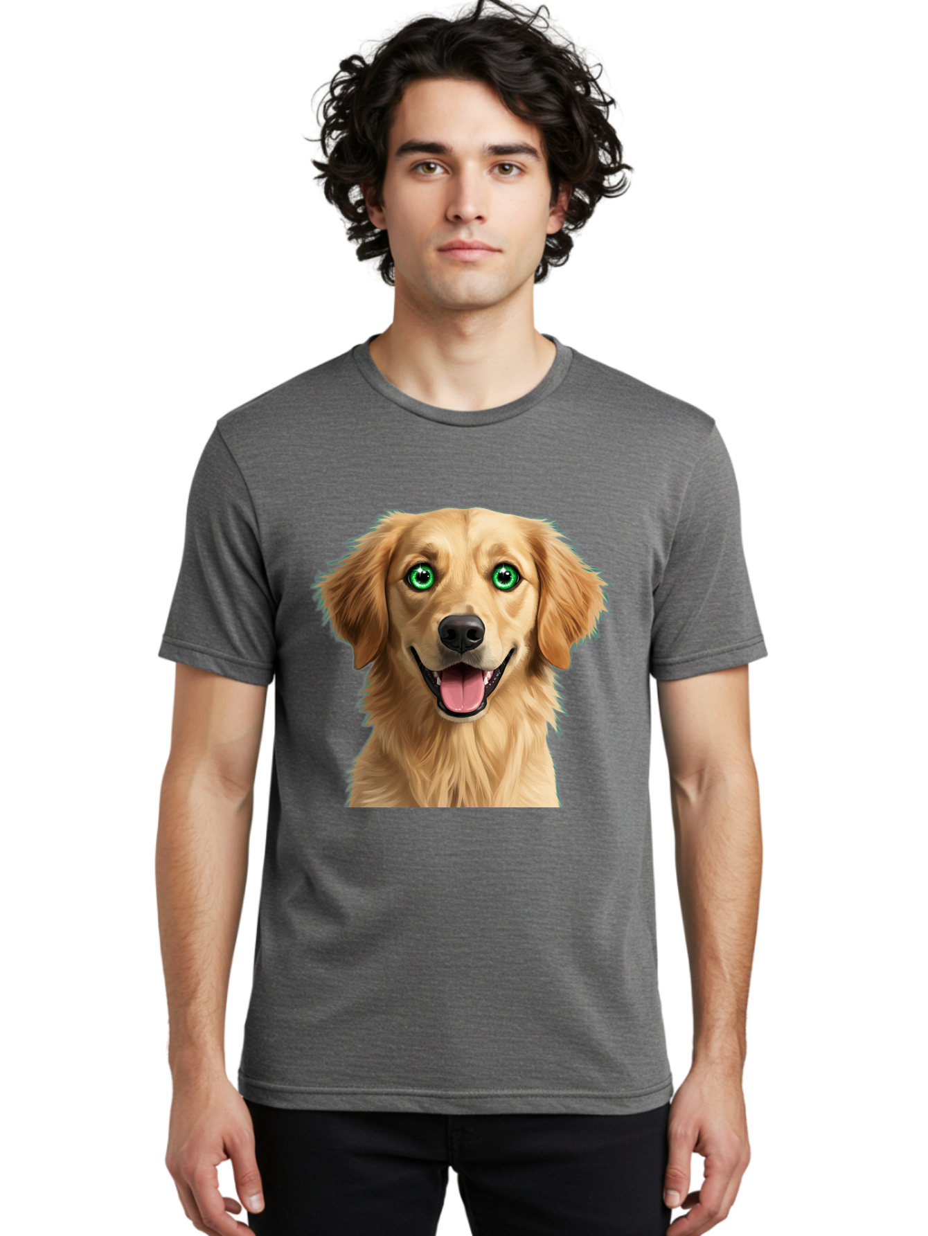 Golden-Retriever-Head-1 Men'S Graphic Tee, 100% Cotton, Comfortable Casual Summer Wear, Machine Washable, Happy Dog, Golden Retriever, Cartoon Dog, Dog Portrait, Friendly Canine, Smiling Dog, Green Eyes, Dog Art, Animal Illustration, Bab985