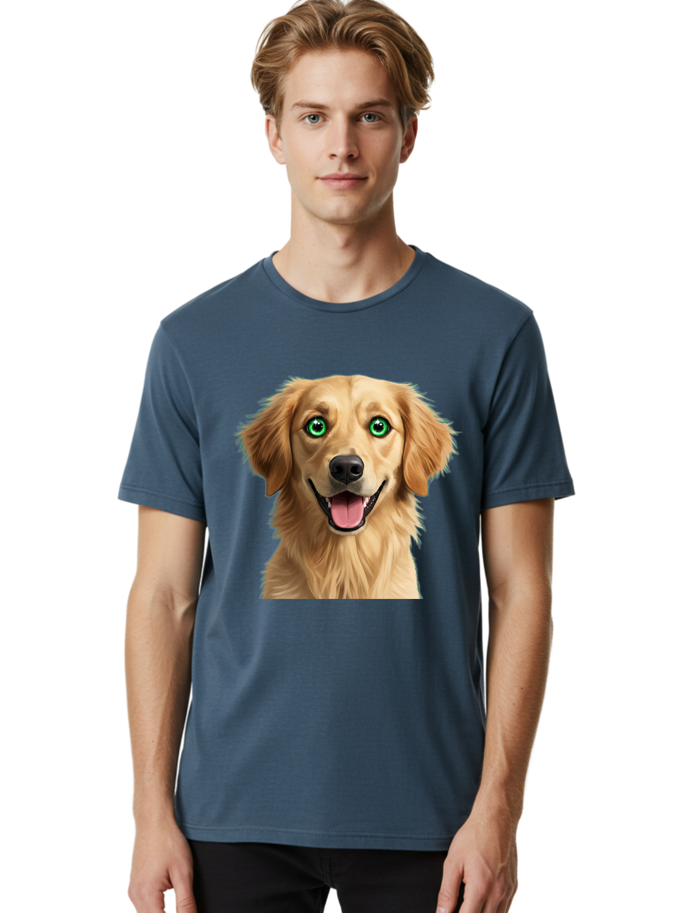 Golden-Retriever-Head-1 Men'S Graphic Tee, 100% Cotton, Comfortable Casual Summer Wear, Machine Washable, Happy Dog, Golden Retriever, Cartoon Dog, Dog Portrait, Friendly Canine, Smiling Dog, Green Eyes, Dog Art, Animal Illustration, Bab985