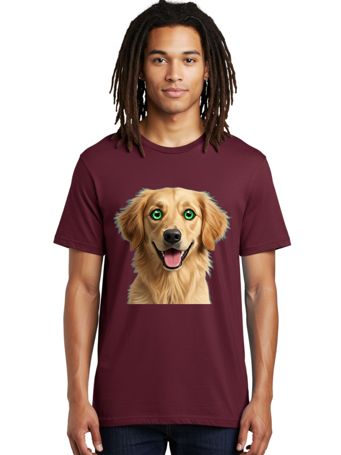 Golden-Retriever-Head-1 Men'S Graphic Tee, 100% Cotton, Comfortable Casual Summer Wear, Machine Washable, Happy Dog, Golden Retriever, Cartoon Dog, Dog Portrait, Friendly Canine, Smiling Dog, Green Eyes, Dog Art, Animal Illustration, Bab985