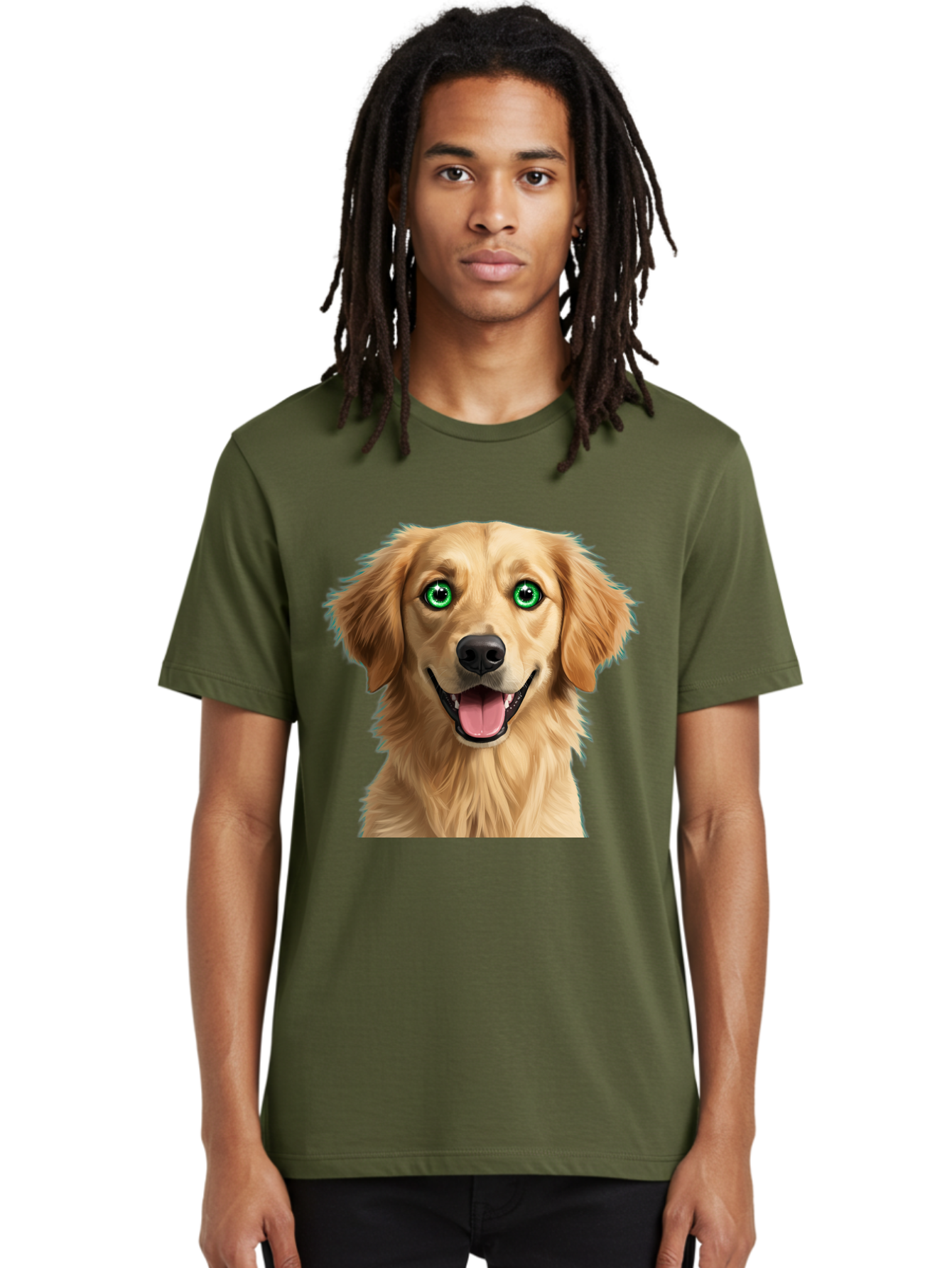 Golden-Retriever-Head-1 Men'S Graphic Tee, 100% Cotton, Comfortable Casual Summer Wear, Machine Washable, Happy Dog, Golden Retriever, Cartoon Dog, Dog Portrait, Friendly Canine, Smiling Dog, Green Eyes, Dog Art, Animal Illustration, Bab985