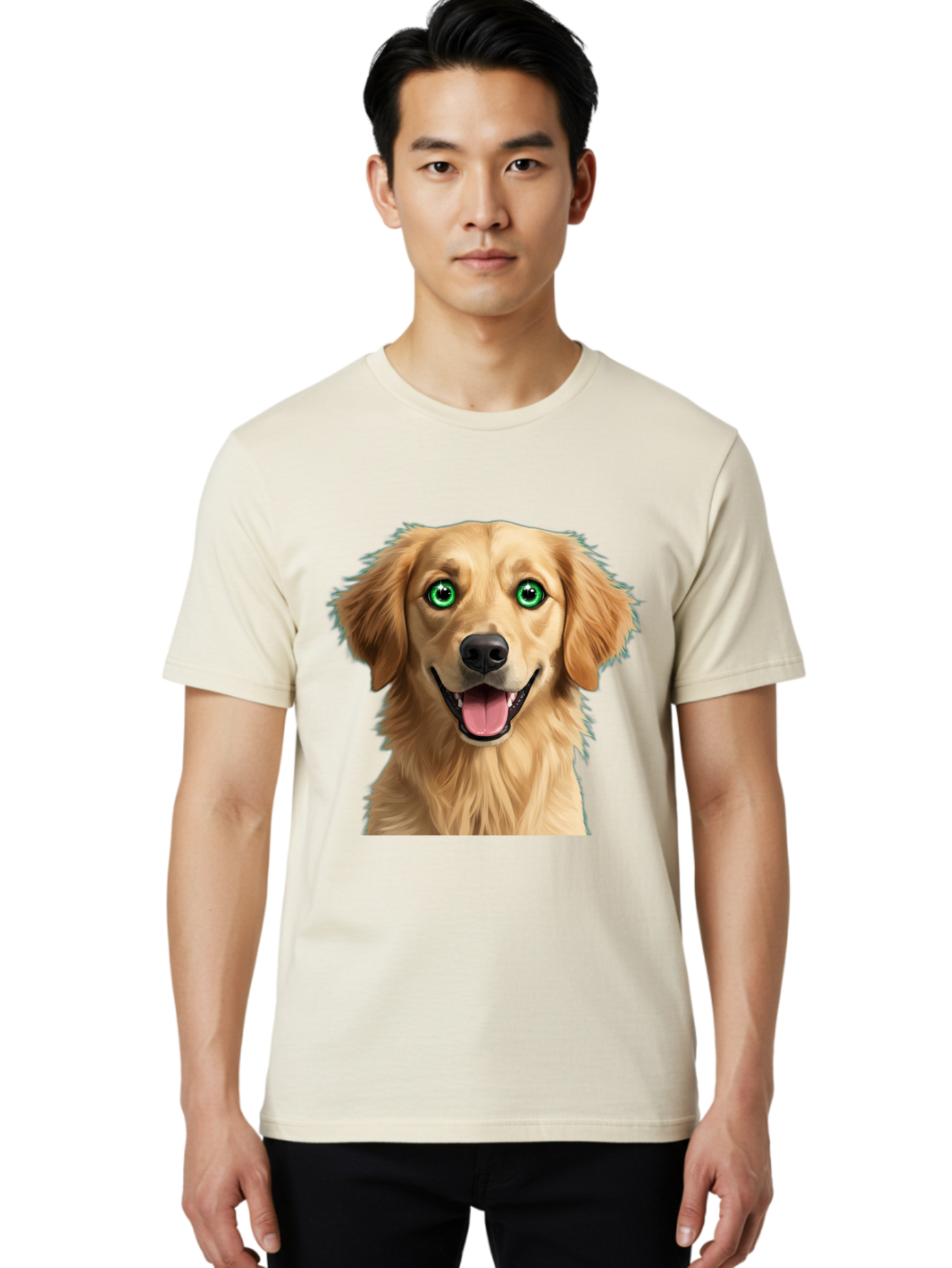 Golden-Retriever-Head-1 Men'S Graphic Tee, 100% Cotton, Comfortable Casual Summer Wear, Machine Washable, Happy Dog, Golden Retriever, Cartoon Dog, Dog Portrait, Friendly Canine, Smiling Dog, Green Eyes, Dog Art, Animal Illustration, Bab985