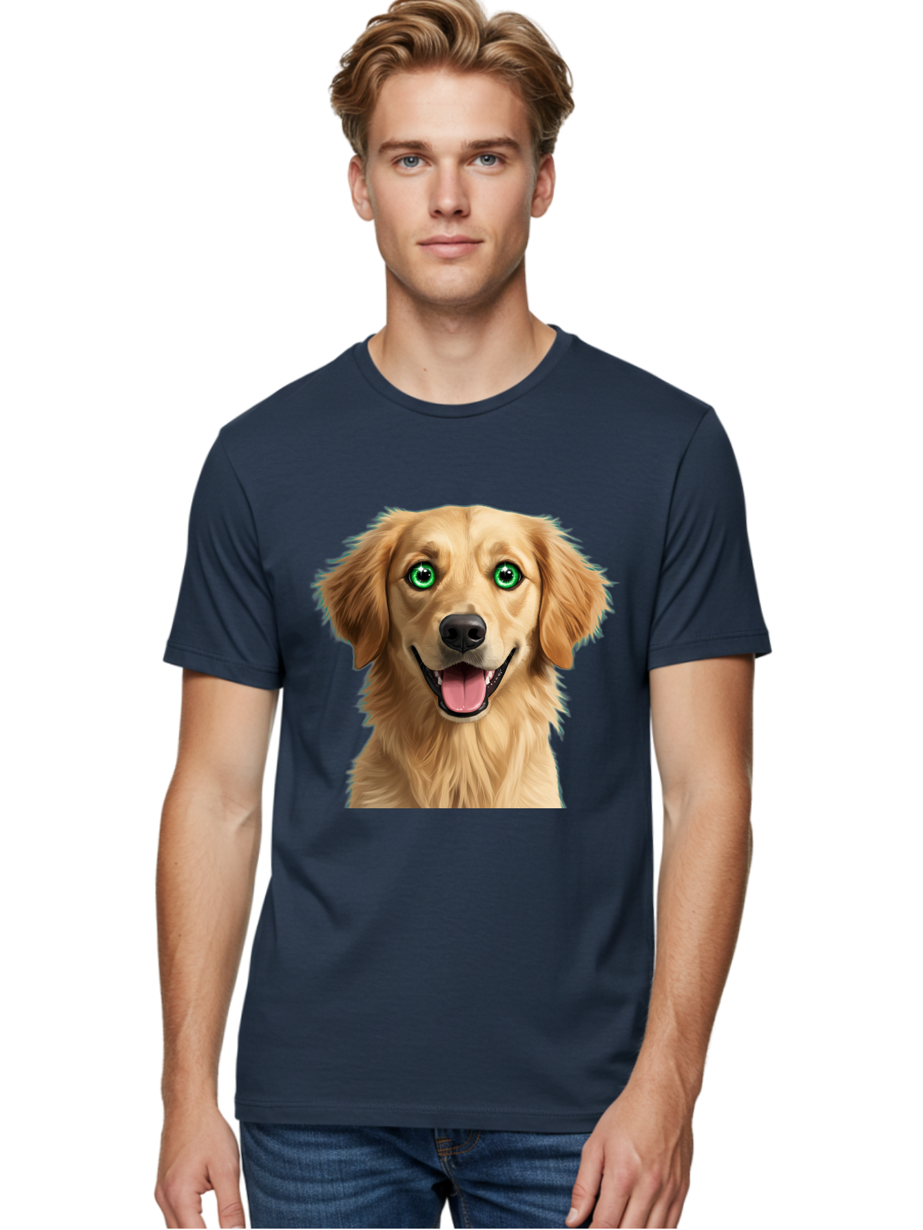 Golden-Retriever-Head-1 Men'S Graphic Tee, 100% Cotton, Comfortable Casual Summer Wear, Machine Washable, Happy Dog, Golden Retriever, Cartoon Dog, Dog Portrait, Friendly Canine, Smiling Dog, Green Eyes, Dog Art, Animal Illustration, Bab985