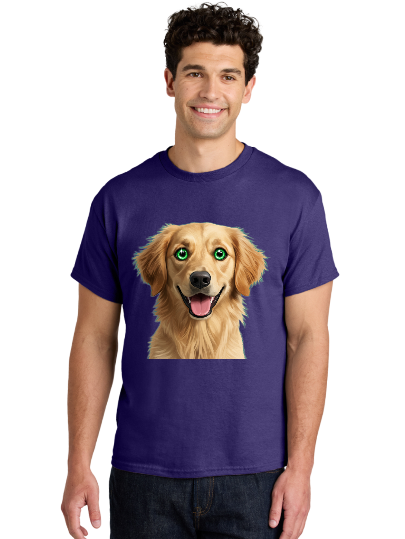 Golden-Retriever-Head-1 Men'S Graphic Tee, 100% Cotton, Comfortable Casual Summer Wear, Machine Washable, Happy Dog, Golden Retriever, Cartoon Dog, Dog Portrait, Friendly Canine, Smiling Dog, Green Eyes, Dog Art, Animal Illustration, Bab985