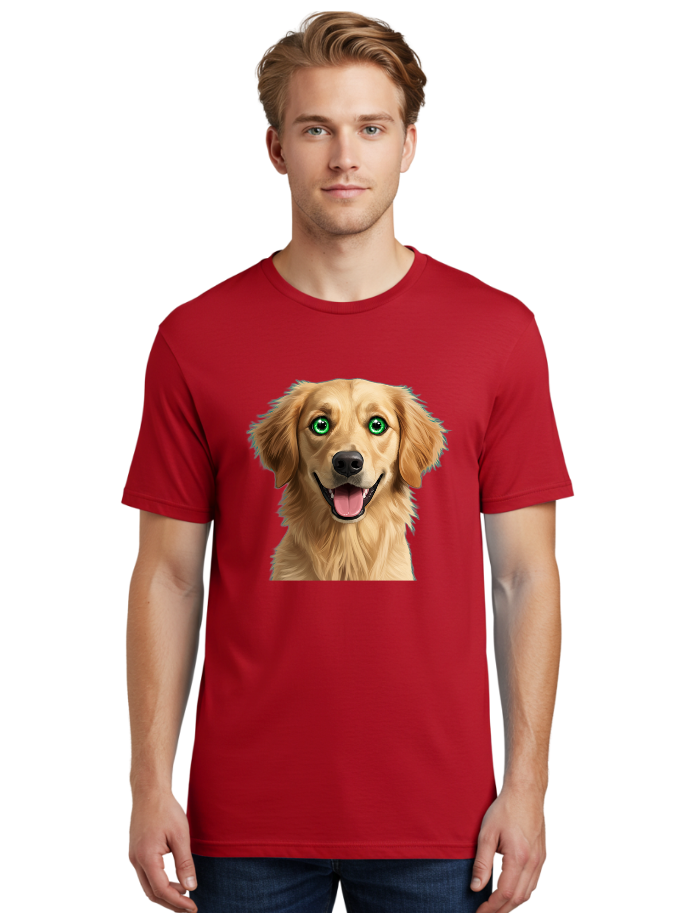 Golden-Retriever-Head-1 Men'S Graphic Tee, 100% Cotton, Comfortable Casual Summer Wear, Machine Washable, Happy Dog, Golden Retriever, Cartoon Dog, Dog Portrait, Friendly Canine, Smiling Dog, Green Eyes, Dog Art, Animal Illustration, Bab985