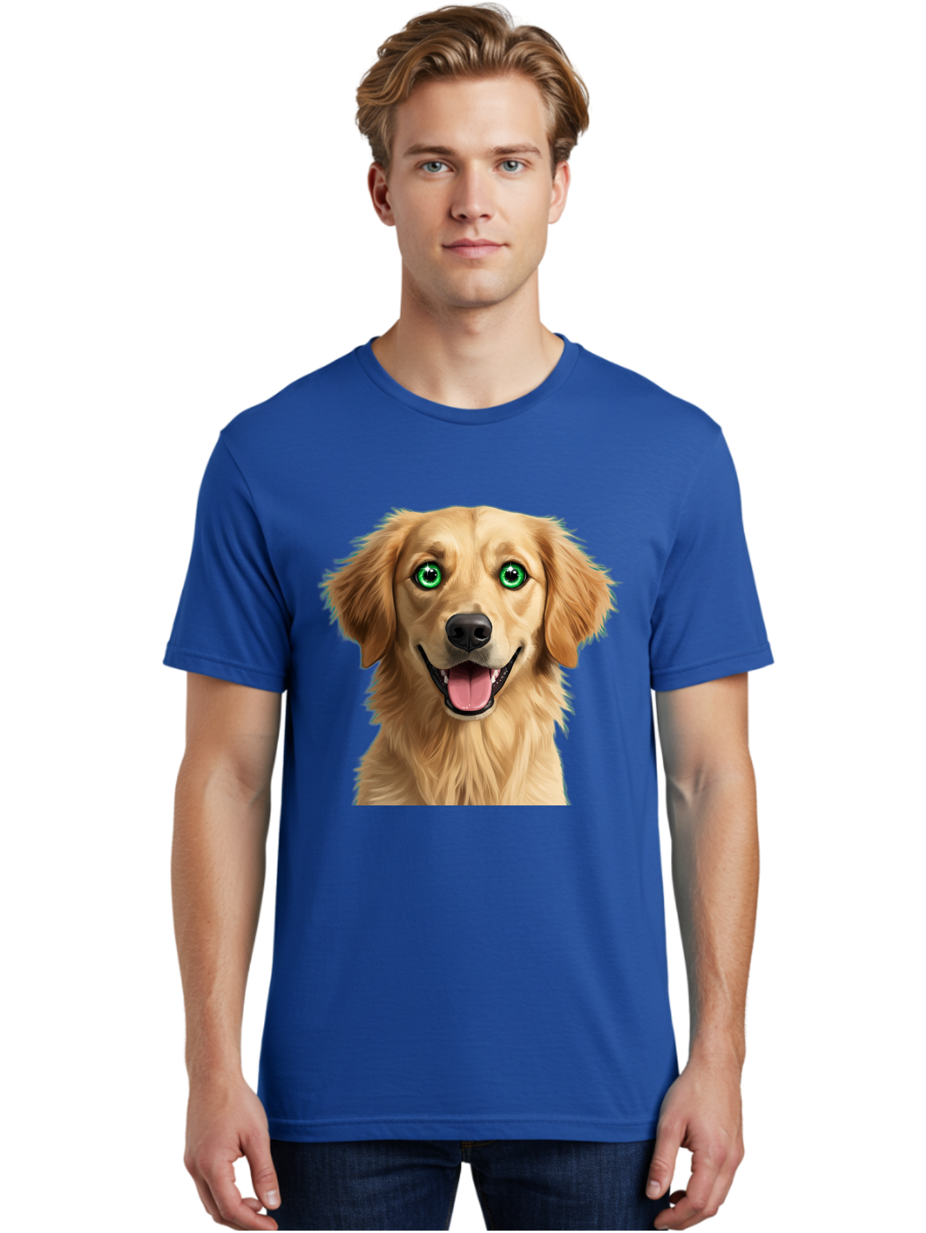 Golden-Retriever-Head-1 Men'S Graphic Tee, 100% Cotton, Comfortable Casual Summer Wear, Machine Washable, Happy Dog, Golden Retriever, Cartoon Dog, Dog Portrait, Friendly Canine, Smiling Dog, Green Eyes, Dog Art, Animal Illustration, Bab985