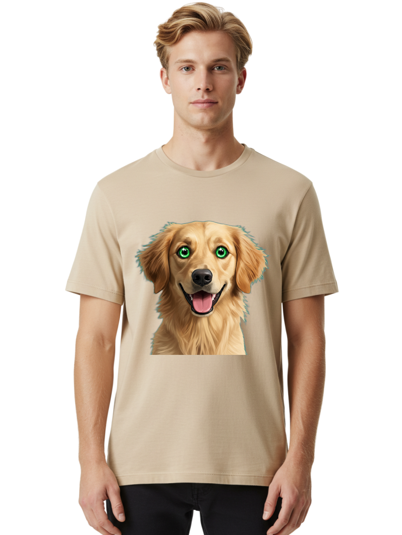 Golden-Retriever-Head-1 Men'S Graphic Tee, 100% Cotton, Comfortable Casual Summer Wear, Machine Washable, Happy Dog, Golden Retriever, Cartoon Dog, Dog Portrait, Friendly Canine, Smiling Dog, Green Eyes, Dog Art, Animal Illustration, Bab985