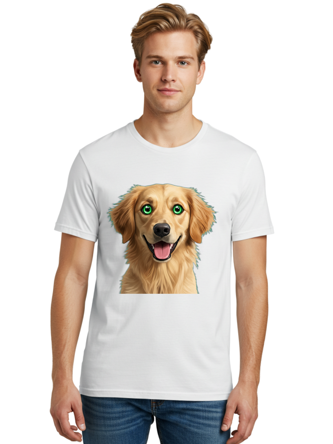 Golden-Retriever-Head-1 Men'S Graphic Tee, 100% Cotton, Comfortable Casual Summer Wear, Machine Washable, Happy Dog, Golden Retriever, Cartoon Dog, Dog Portrait, Friendly Canine, Smiling Dog, Green Eyes, Dog Art, Animal Illustration, Bab985