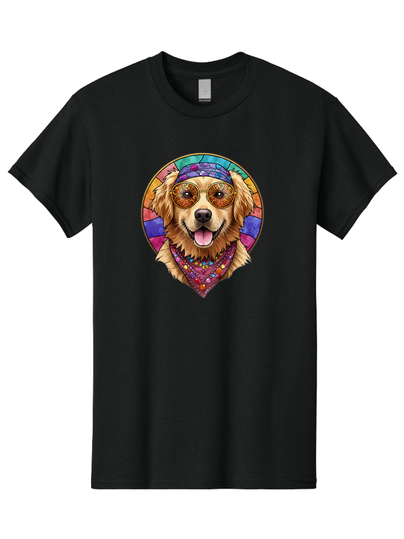 Golden-Retriever-Head Men'S Graphic Tee, 100% Cotton, Comfortable Casual Summer Wear, Machine Washable, Dog With Sunglasses, Psychedelic Art, Hippie Style, Colorful Design, Funky Illustration, Retro Vibe, Stained-Glass, Tie-Dye Effect, Bab986