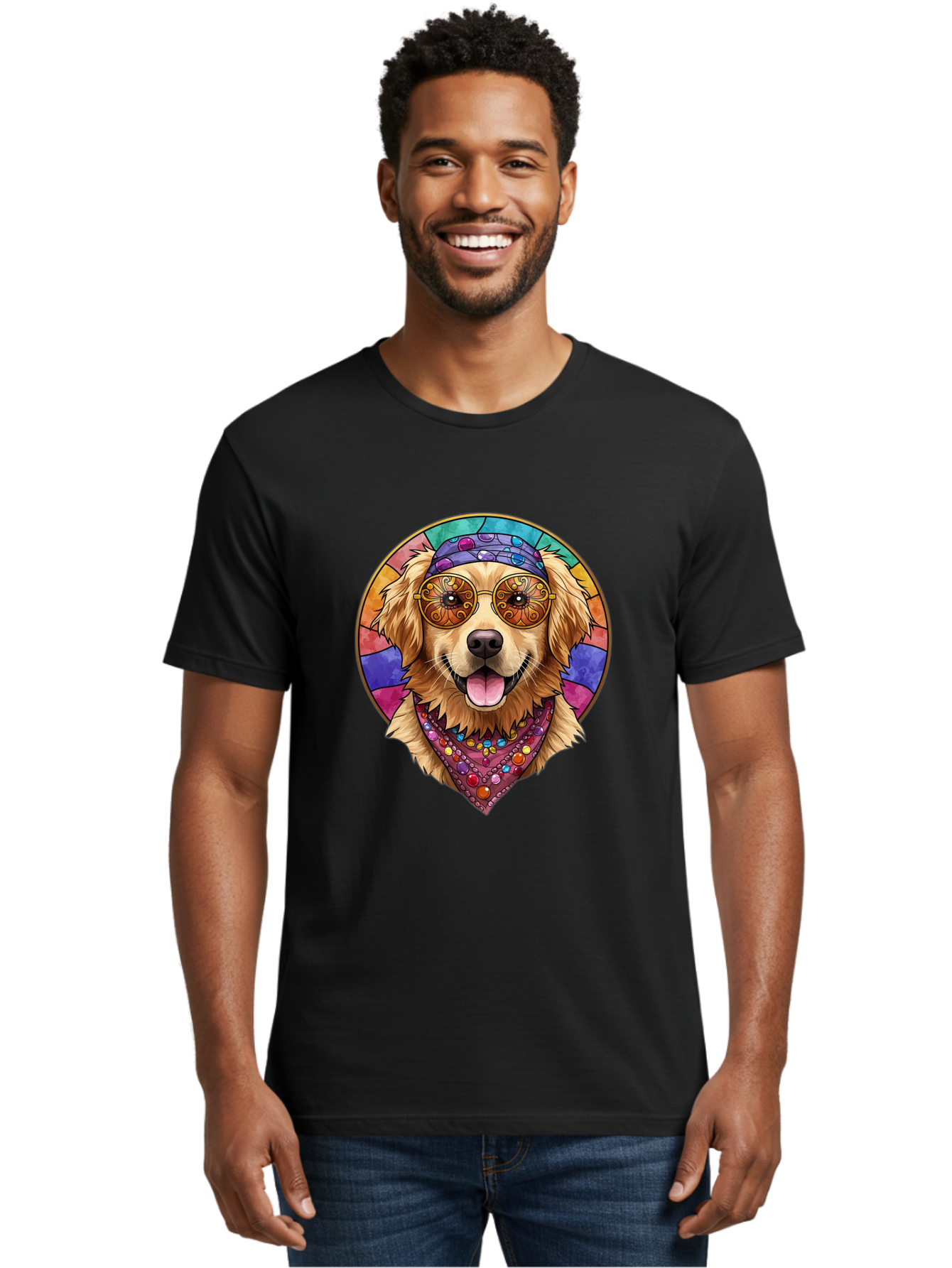 Golden-Retriever-Head Men'S Graphic Tee, 100% Cotton, Comfortable Casual Summer Wear, Machine Washable, Dog With Sunglasses, Psychedelic Art, Hippie Style, Colorful Design, Funky Illustration, Retro Vibe, Stained-Glass, Tie-Dye Effect, Bab986