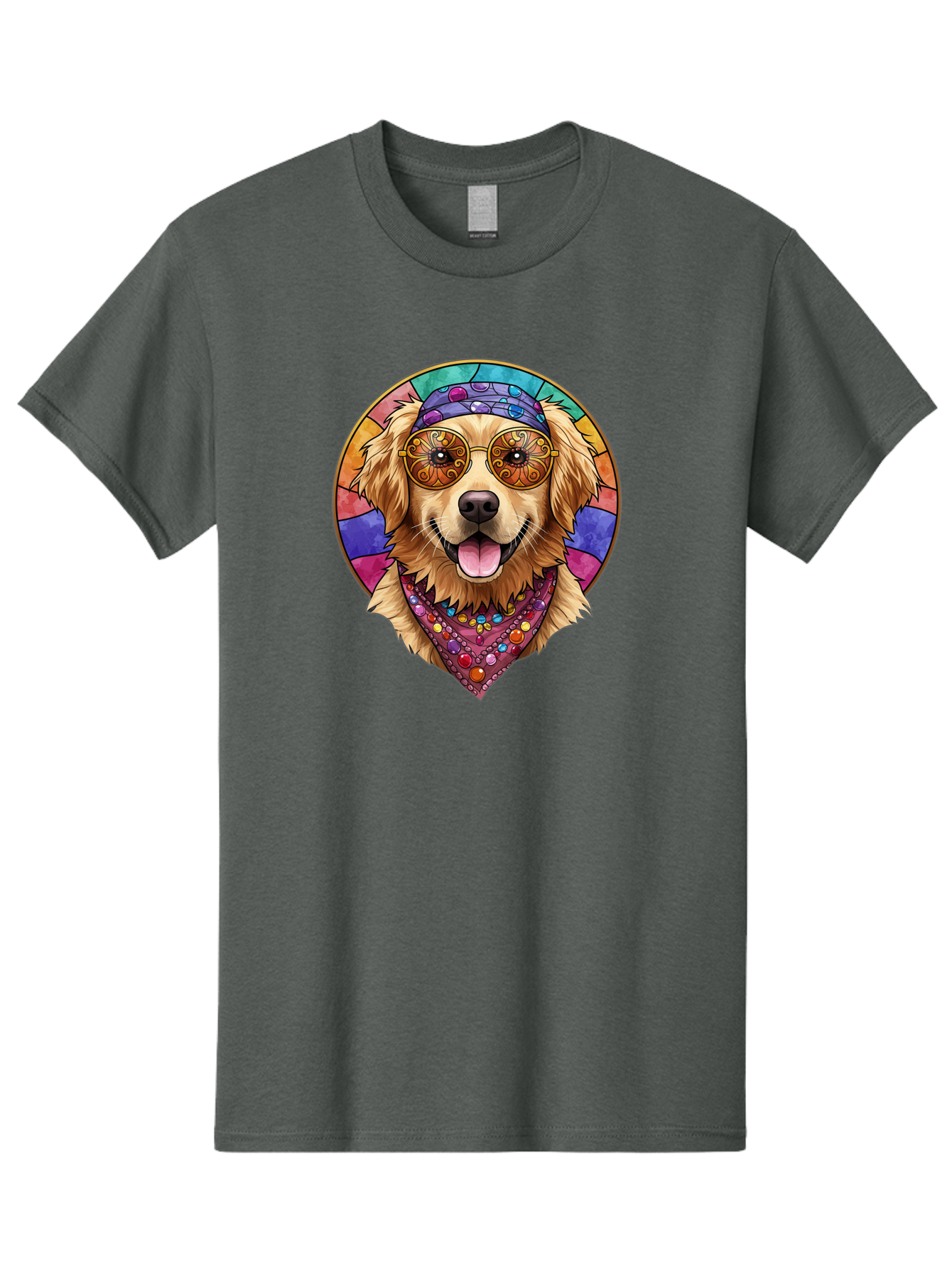 Golden-Retriever-Head Men'S Graphic Tee, 100% Cotton, Comfortable Casual Summer Wear, Machine Washable, Dog With Sunglasses, Psychedelic Art, Hippie Style, Colorful Design, Funky Illustration, Retro Vibe, Stained-Glass, Tie-Dye Effect, Bab986