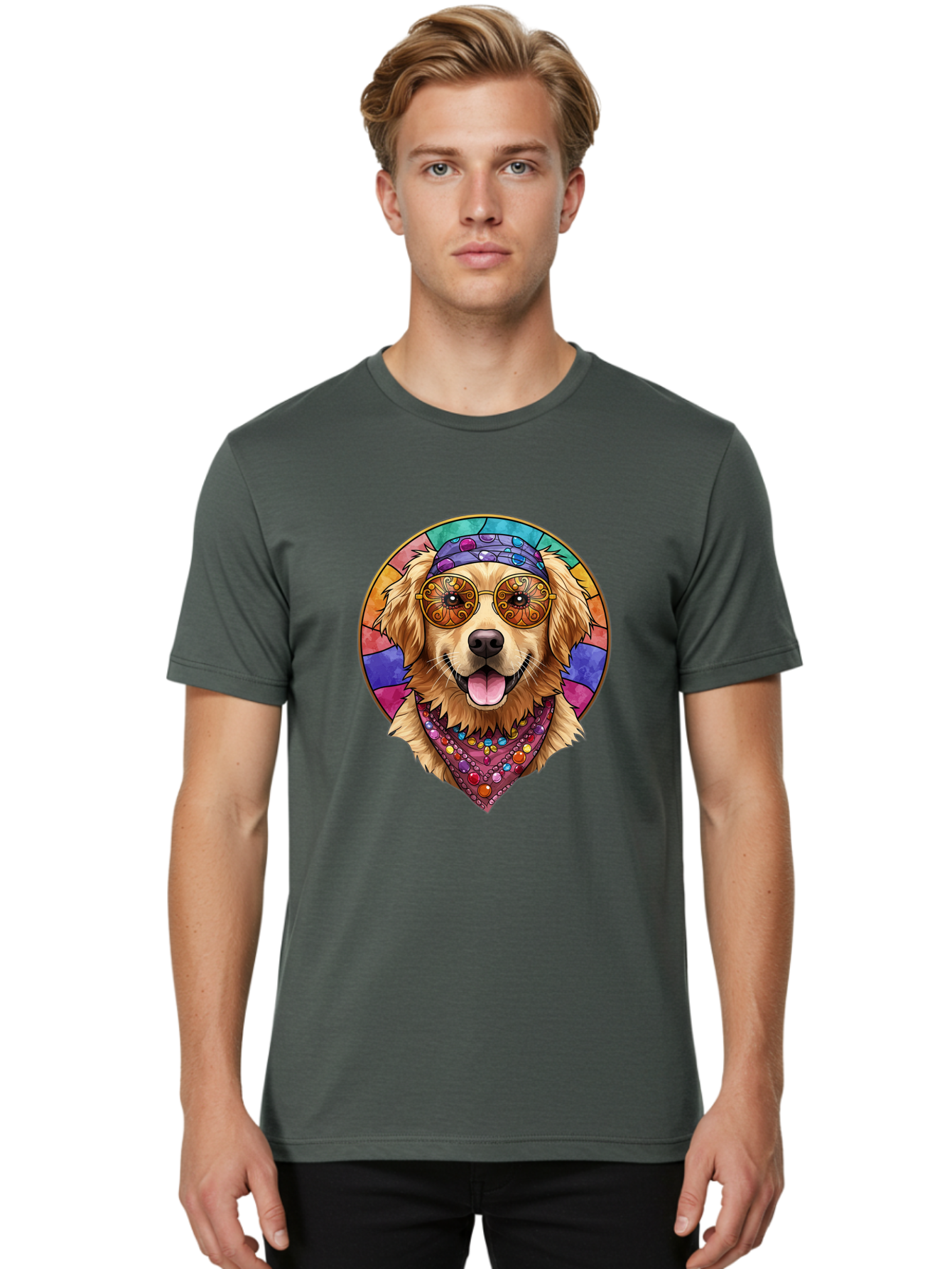 Golden-Retriever-Head Men'S Graphic Tee, 100% Cotton, Comfortable Casual Summer Wear, Machine Washable, Dog With Sunglasses, Psychedelic Art, Hippie Style, Colorful Design, Funky Illustration, Retro Vibe, Stained-Glass, Tie-Dye Effect, Bab986