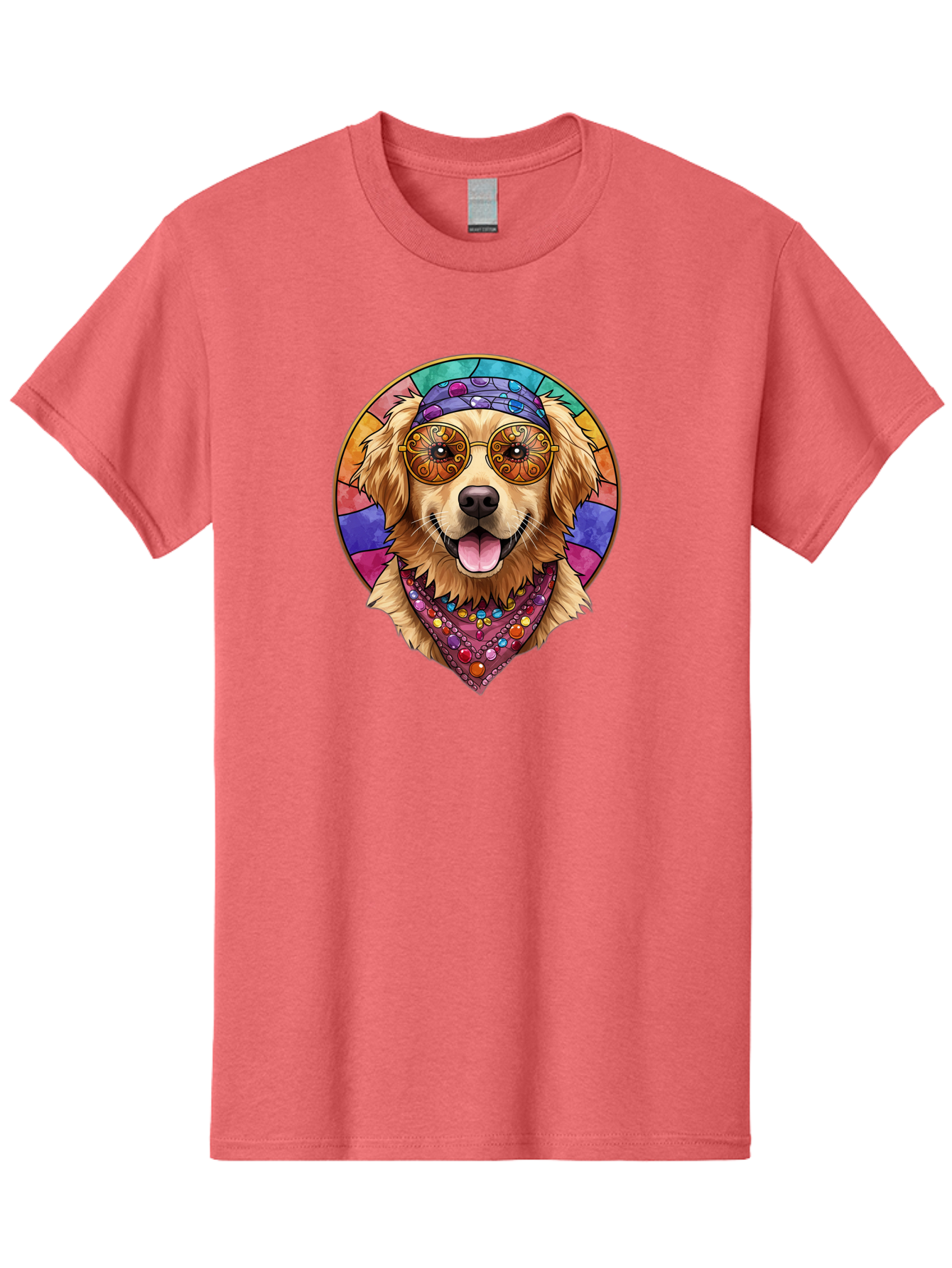 Golden-Retriever-Head Men'S Graphic Tee, 100% Cotton, Comfortable Casual Summer Wear, Machine Washable, Dog With Sunglasses, Psychedelic Art, Hippie Style, Colorful Design, Funky Illustration, Retro Vibe, Stained-Glass, Tie-Dye Effect, Bab986