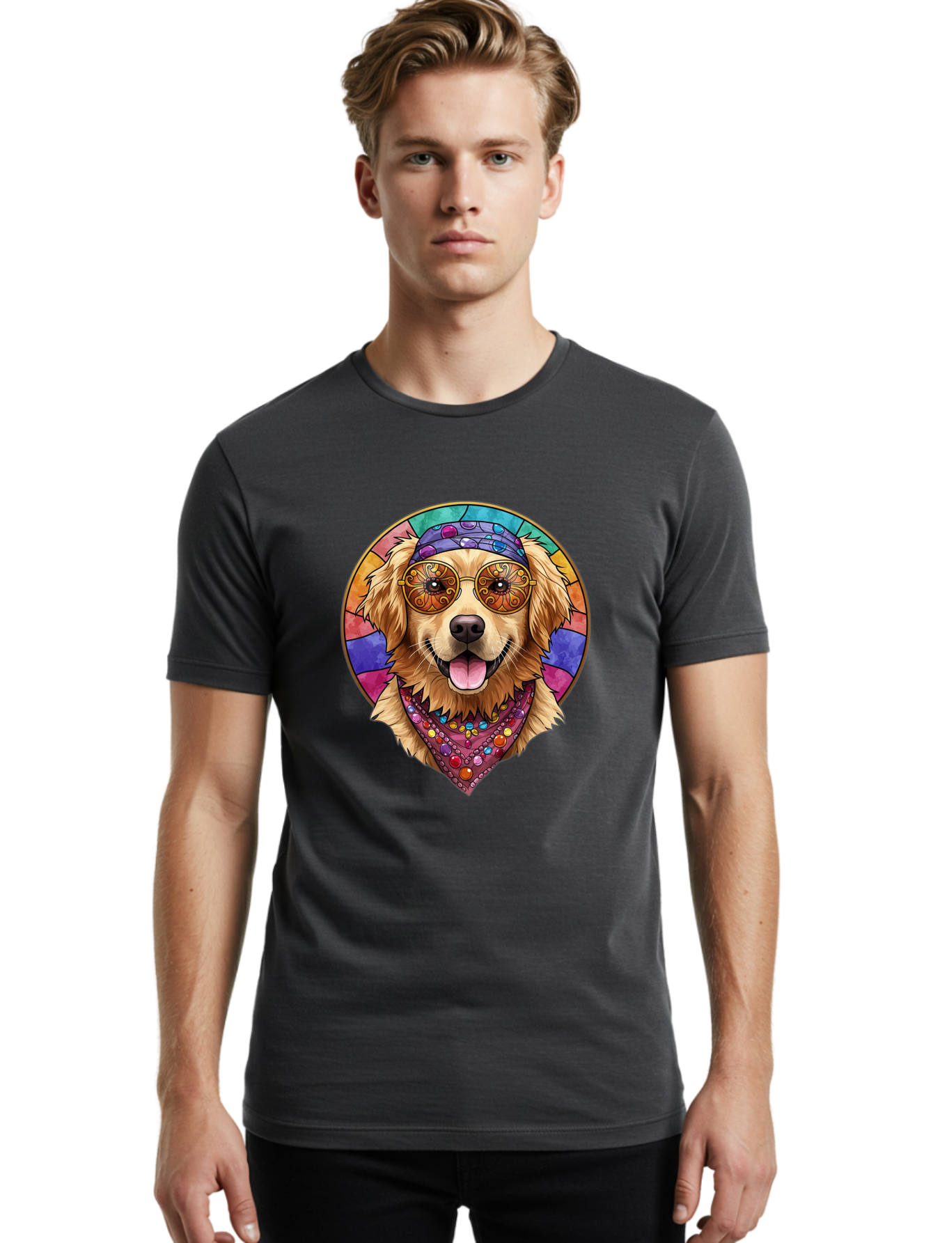 Golden-Retriever-Head Men'S Graphic Tee, 100% Cotton, Comfortable Casual Summer Wear, Machine Washable, Dog With Sunglasses, Psychedelic Art, Hippie Style, Colorful Design, Funky Illustration, Retro Vibe, Stained-Glass, Tie-Dye Effect, Bab986