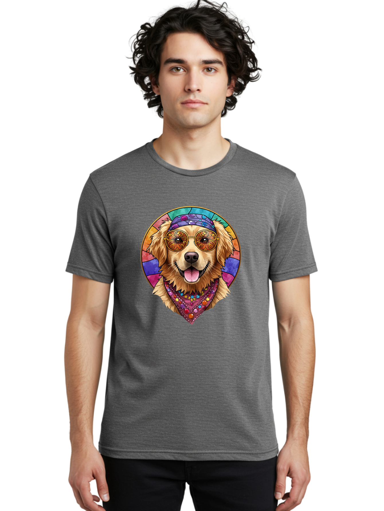 Golden-Retriever-Head Men'S Graphic Tee, 100% Cotton, Comfortable Casual Summer Wear, Machine Washable, Dog With Sunglasses, Psychedelic Art, Hippie Style, Colorful Design, Funky Illustration, Retro Vibe, Stained-Glass, Tie-Dye Effect, Bab986