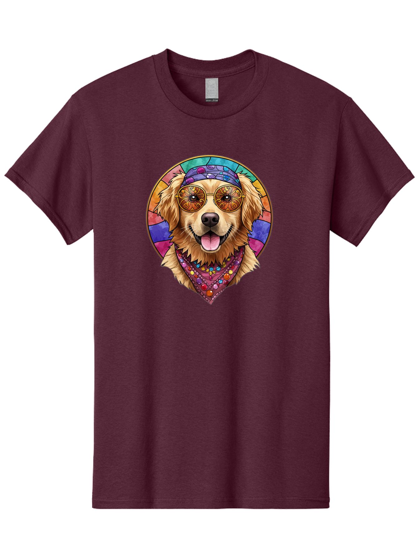 Golden-Retriever-Head Men'S Graphic Tee, 100% Cotton, Comfortable Casual Summer Wear, Machine Washable, Dog With Sunglasses, Psychedelic Art, Hippie Style, Colorful Design, Funky Illustration, Retro Vibe, Stained-Glass, Tie-Dye Effect, Bab986