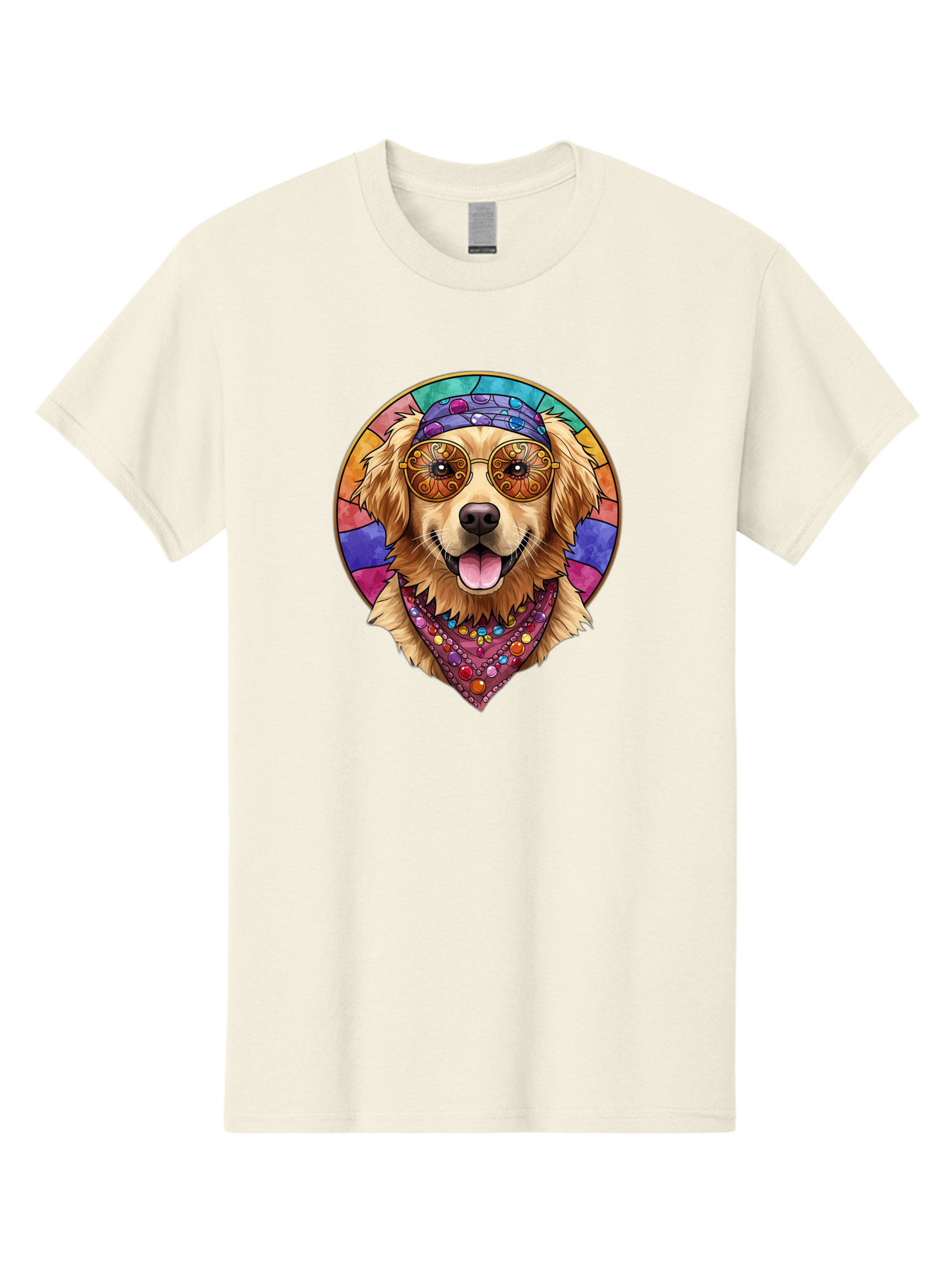 Golden-Retriever-Head Men'S Graphic Tee, 100% Cotton, Comfortable Casual Summer Wear, Machine Washable, Dog With Sunglasses, Psychedelic Art, Hippie Style, Colorful Design, Funky Illustration, Retro Vibe, Stained-Glass, Tie-Dye Effect, Bab986