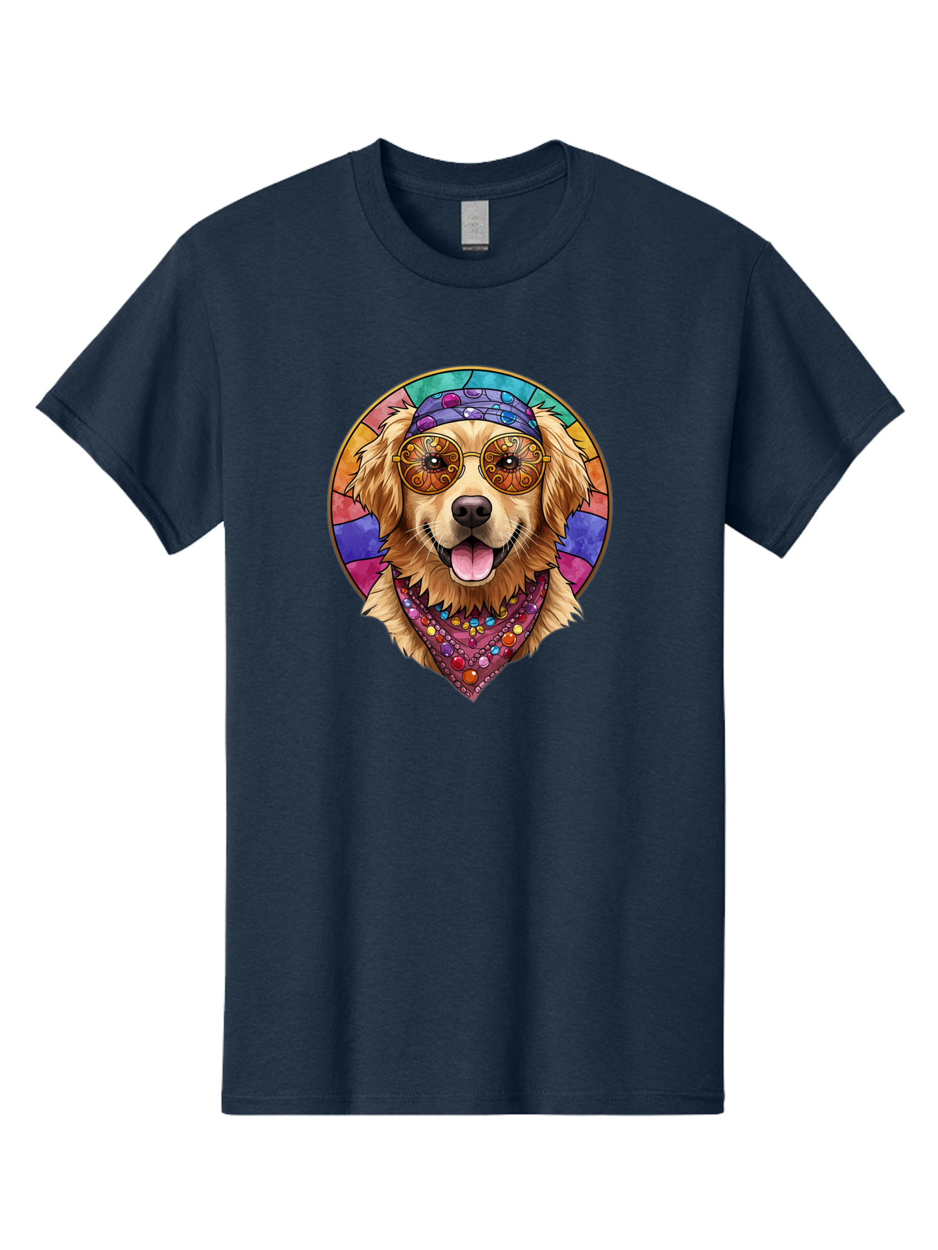 Golden-Retriever-Head Men'S Graphic Tee, 100% Cotton, Comfortable Casual Summer Wear, Machine Washable, Dog With Sunglasses, Psychedelic Art, Hippie Style, Colorful Design, Funky Illustration, Retro Vibe, Stained-Glass, Tie-Dye Effect, Bab986