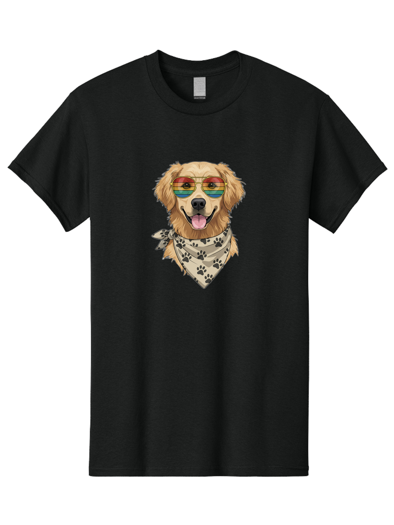 Golden-Retriever-Pride Men'S Graphic Tee, 100% Cotton, Comfortable Casual Summer Wear, Machine Washable, Golden Retriever Wearing Rainbow Sunglasses, Bandana With Paw Prints, Happy Dog, Pride Symbol, Fun Pet, Colorful Illustration, Bab987