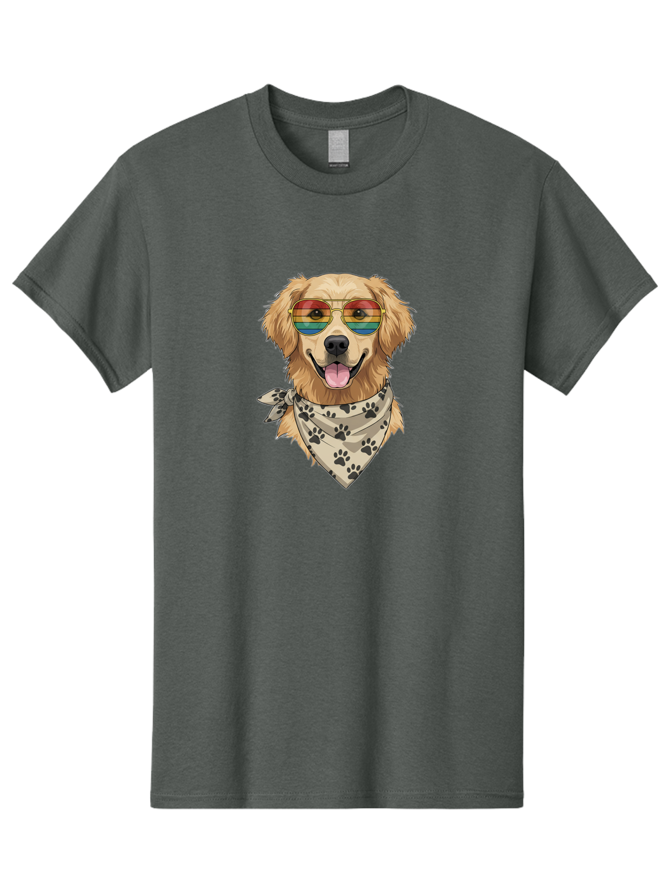 Golden-Retriever-Pride Men'S Graphic Tee, 100% Cotton, Comfortable Casual Summer Wear, Machine Washable, Golden Retriever Wearing Rainbow Sunglasses, Bandana With Paw Prints, Happy Dog, Pride Symbol, Fun Pet, Colorful Illustration, Bab987