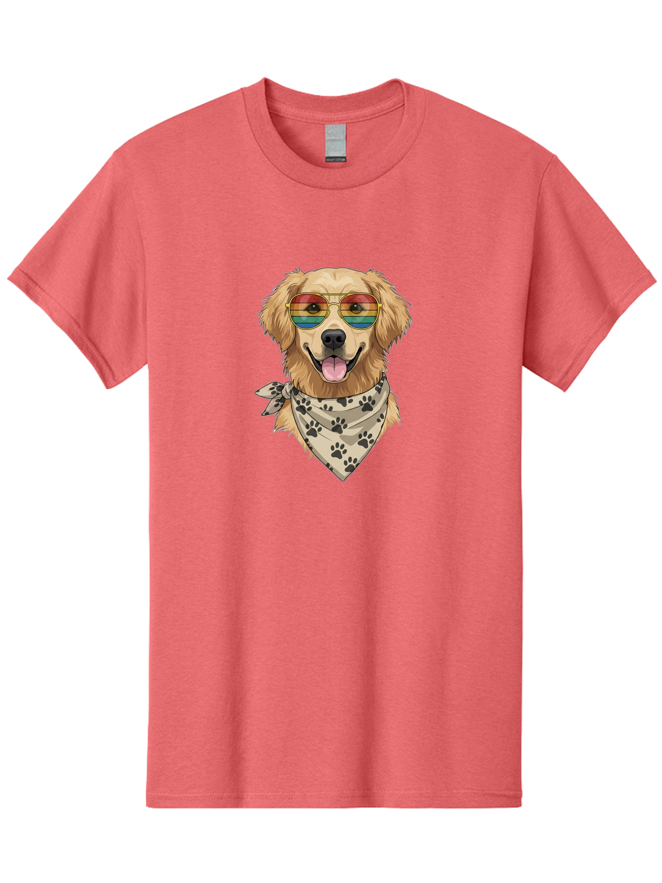Golden-Retriever-Pride Men'S Graphic Tee, 100% Cotton, Comfortable Casual Summer Wear, Machine Washable, Golden Retriever Wearing Rainbow Sunglasses, Bandana With Paw Prints, Happy Dog, Pride Symbol, Fun Pet, Colorful Illustration, Bab987