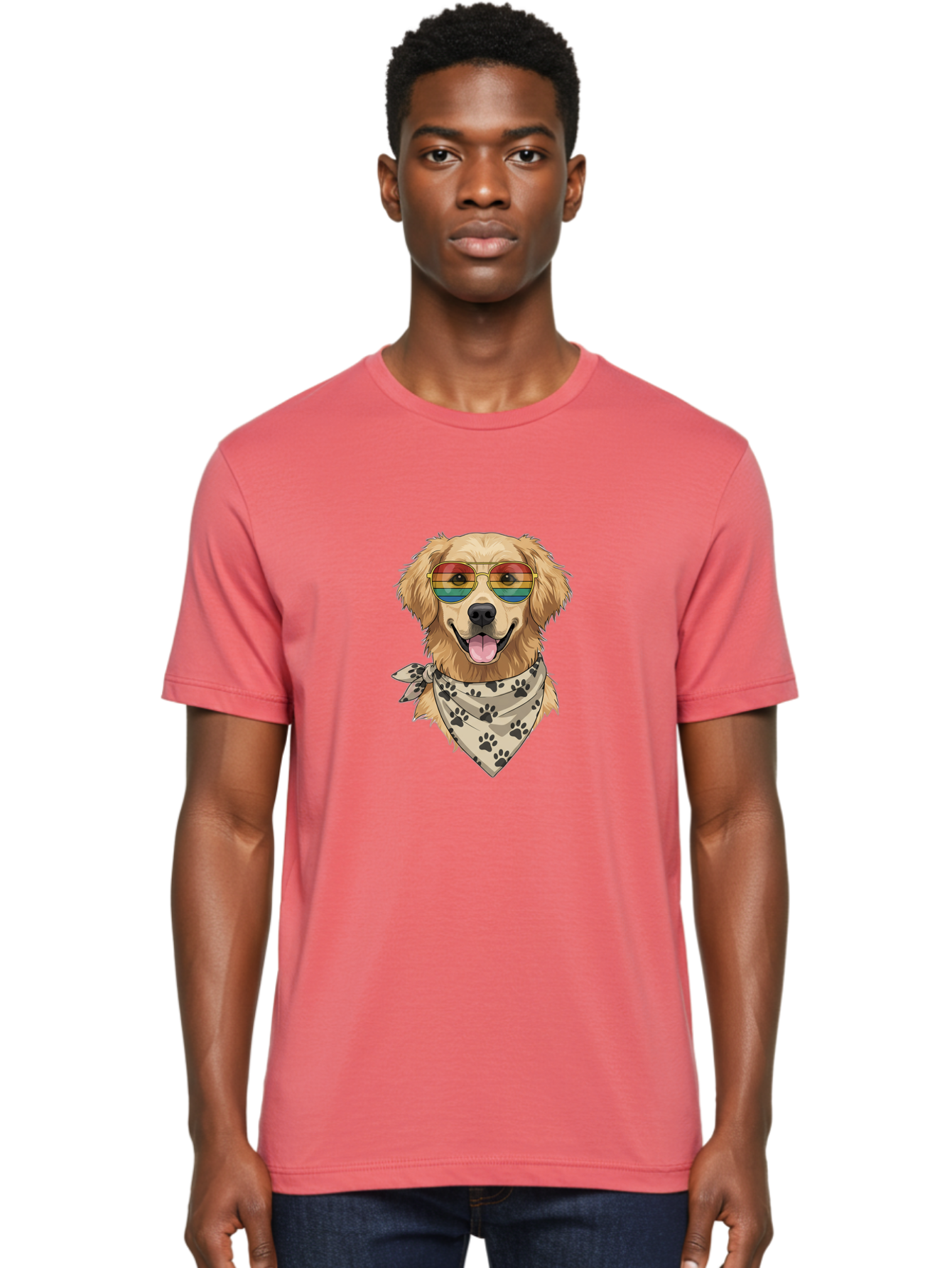 Golden-Retriever-Pride Men'S Graphic Tee, 100% Cotton, Comfortable Casual Summer Wear, Machine Washable, Golden Retriever Wearing Rainbow Sunglasses, Bandana With Paw Prints, Happy Dog, Pride Symbol, Fun Pet, Colorful Illustration, Bab987