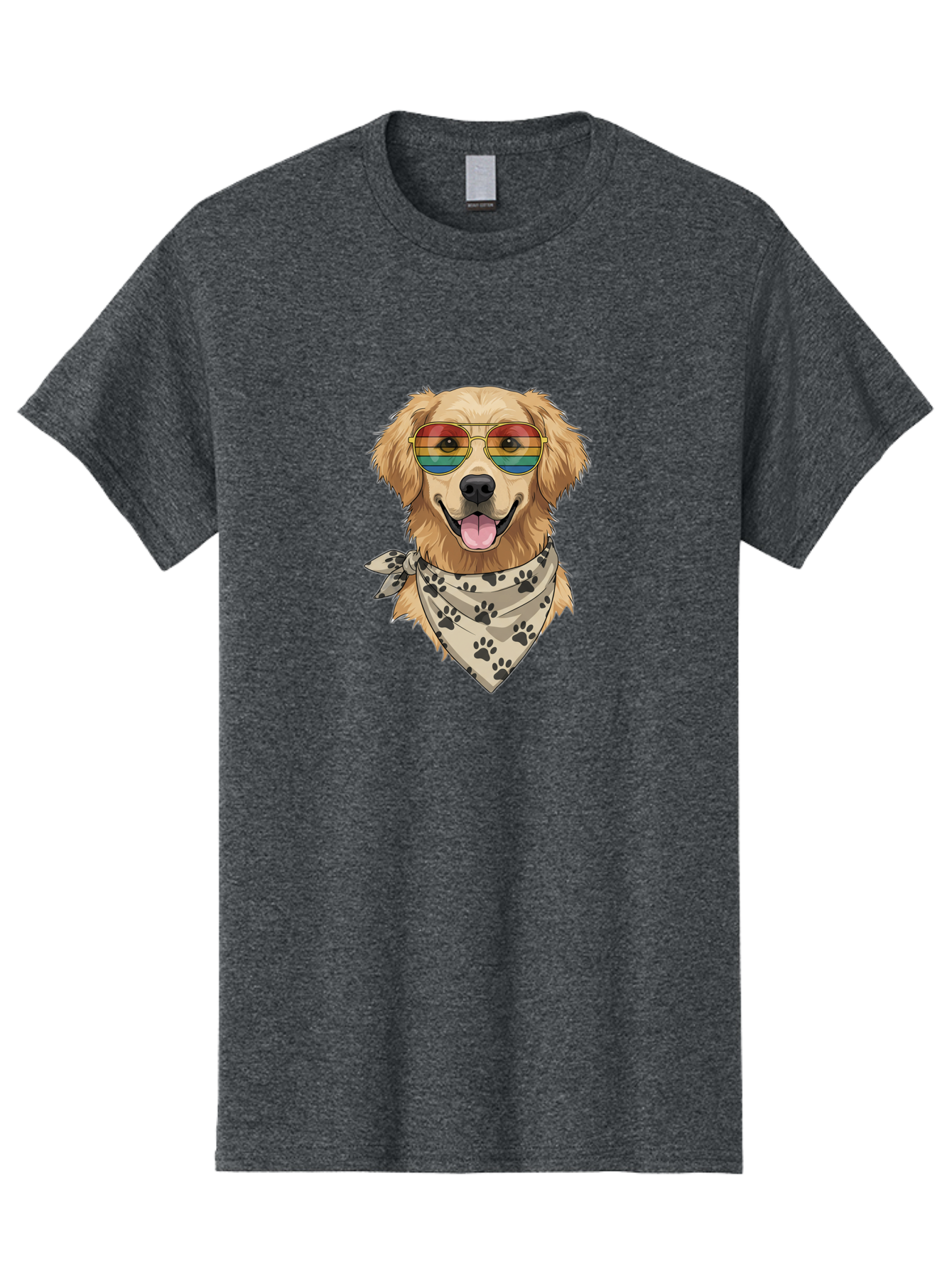 Golden-Retriever-Pride Men'S Graphic Tee, 100% Cotton, Comfortable Casual Summer Wear, Machine Washable, Golden Retriever Wearing Rainbow Sunglasses, Bandana With Paw Prints, Happy Dog, Pride Symbol, Fun Pet, Colorful Illustration, Bab987