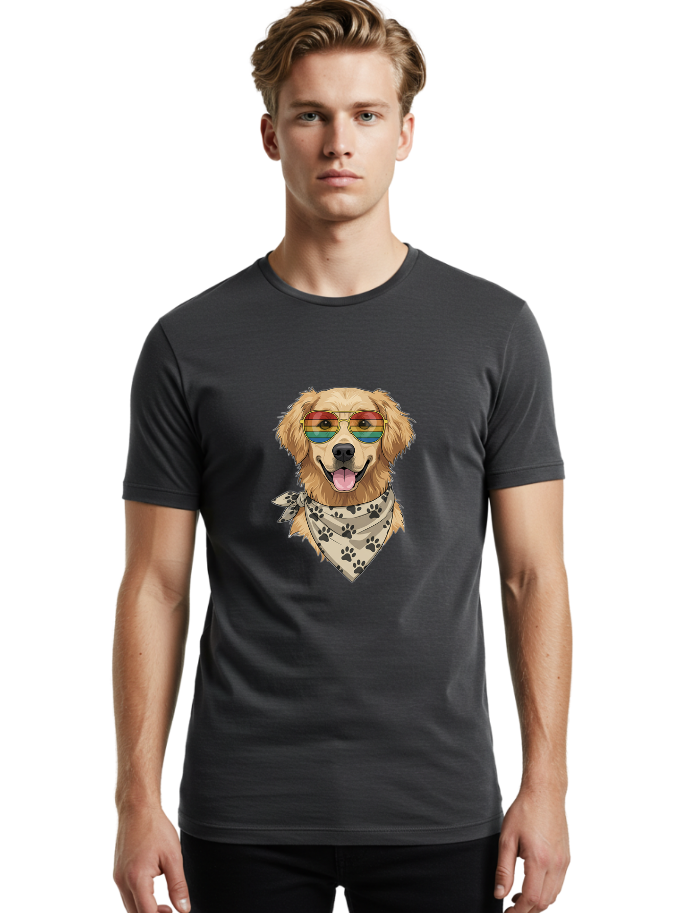 Golden-Retriever-Pride Men'S Graphic Tee, 100% Cotton, Comfortable Casual Summer Wear, Machine Washable, Golden Retriever Wearing Rainbow Sunglasses, Bandana With Paw Prints, Happy Dog, Pride Symbol, Fun Pet, Colorful Illustration, Bab987