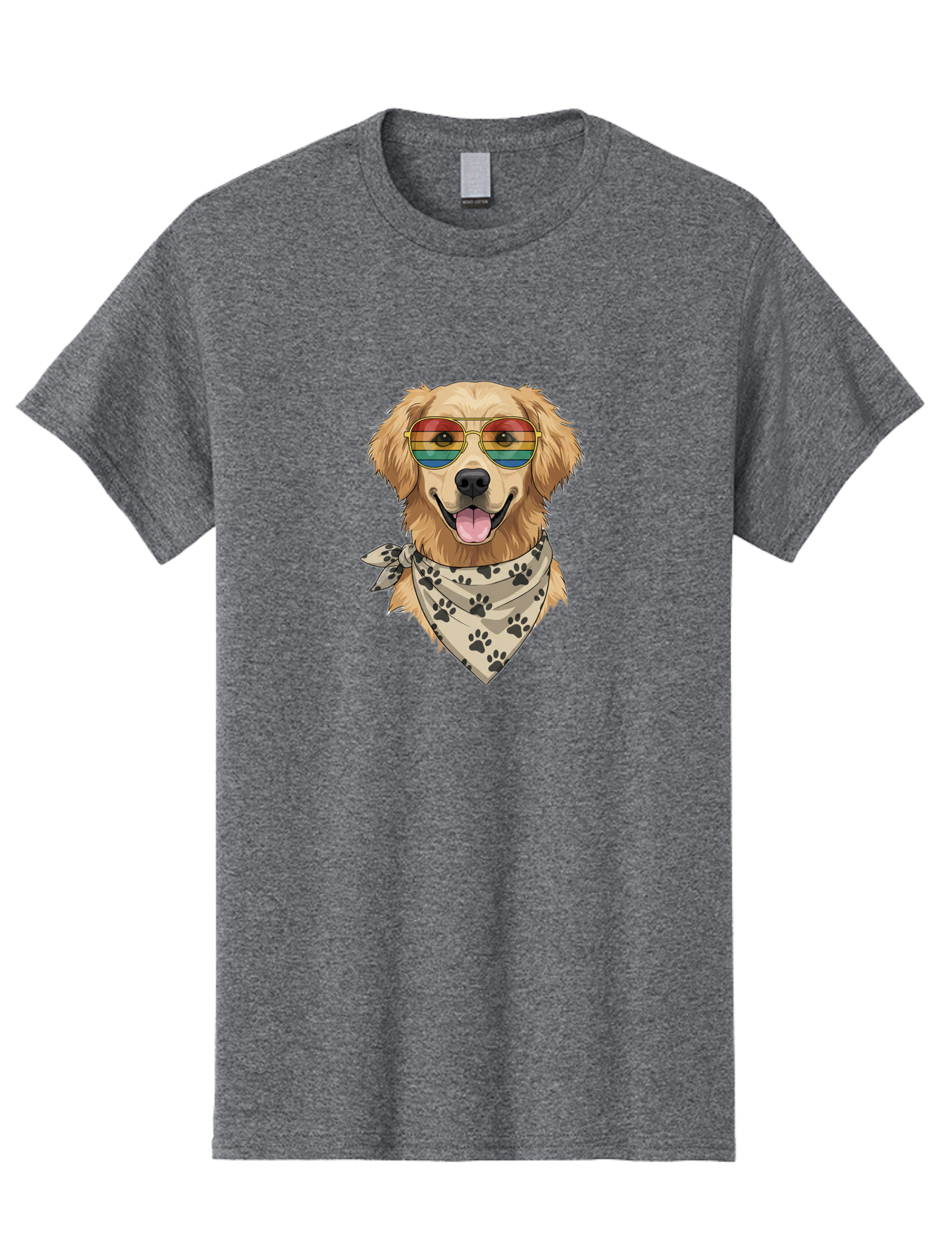 Golden-Retriever-Pride Men'S Graphic Tee, 100% Cotton, Comfortable Casual Summer Wear, Machine Washable, Golden Retriever Wearing Rainbow Sunglasses, Bandana With Paw Prints, Happy Dog, Pride Symbol, Fun Pet, Colorful Illustration, Bab987