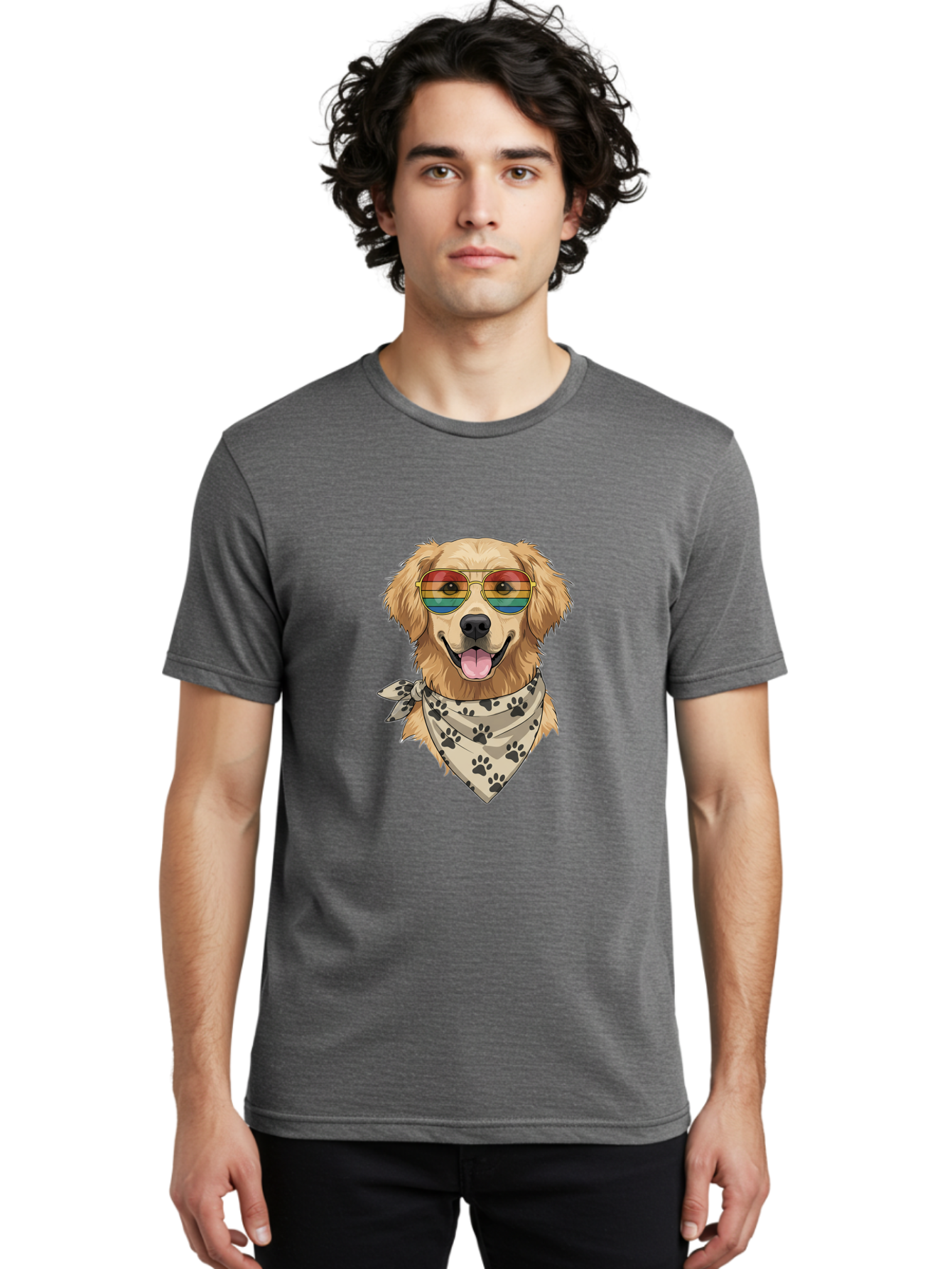 Golden-Retriever-Pride Men'S Graphic Tee, 100% Cotton, Comfortable Casual Summer Wear, Machine Washable, Golden Retriever Wearing Rainbow Sunglasses, Bandana With Paw Prints, Happy Dog, Pride Symbol, Fun Pet, Colorful Illustration, Bab987