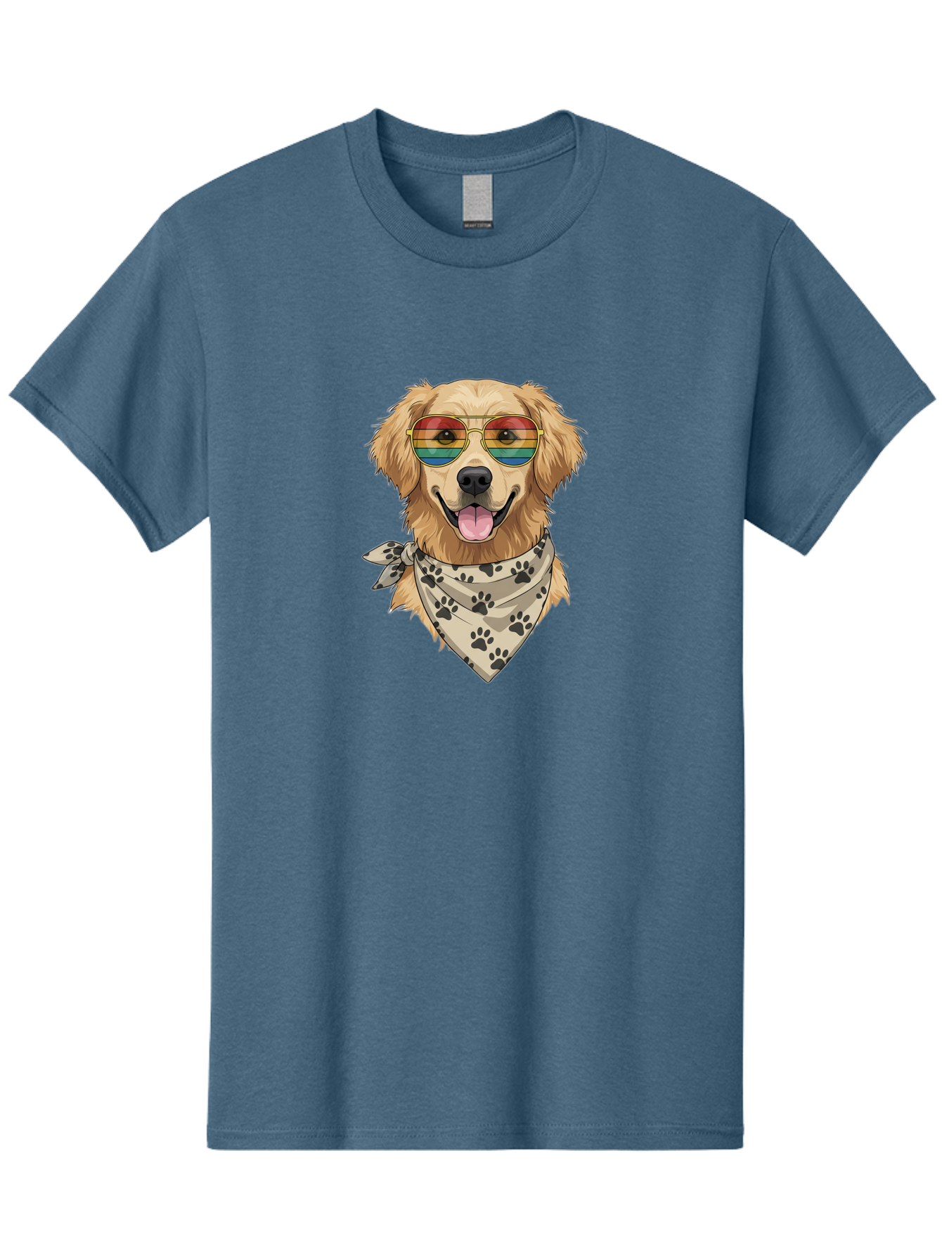 Golden-Retriever-Pride Men'S Graphic Tee, 100% Cotton, Comfortable Casual Summer Wear, Machine Washable, Golden Retriever Wearing Rainbow Sunglasses, Bandana With Paw Prints, Happy Dog, Pride Symbol, Fun Pet, Colorful Illustration, Bab987