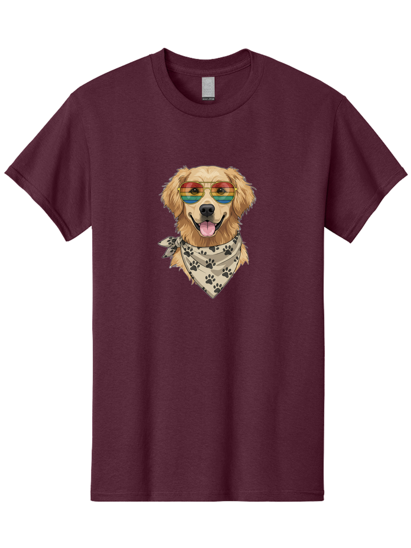 Golden-Retriever-Pride Men'S Graphic Tee, 100% Cotton, Comfortable Casual Summer Wear, Machine Washable, Golden Retriever Wearing Rainbow Sunglasses, Bandana With Paw Prints, Happy Dog, Pride Symbol, Fun Pet, Colorful Illustration, Bab987