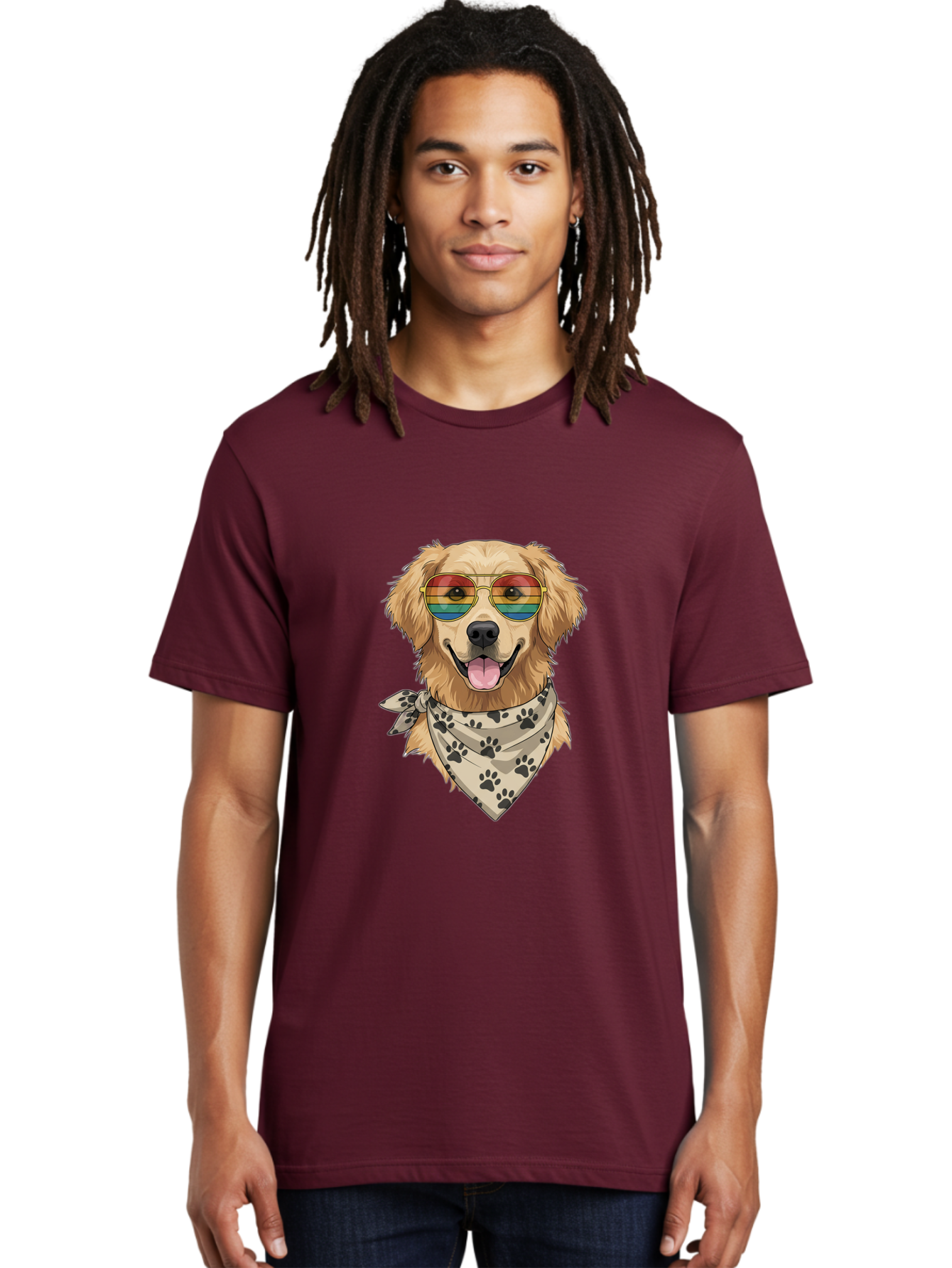 Golden-Retriever-Pride Men'S Graphic Tee, 100% Cotton, Comfortable Casual Summer Wear, Machine Washable, Golden Retriever Wearing Rainbow Sunglasses, Bandana With Paw Prints, Happy Dog, Pride Symbol, Fun Pet, Colorful Illustration, Bab987