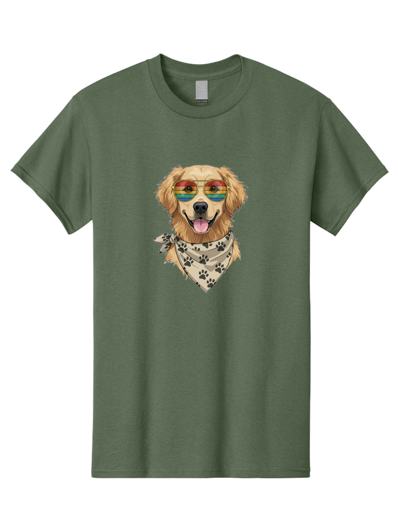 Golden-Retriever-Pride Men'S Graphic Tee, 100% Cotton, Comfortable Casual Summer Wear, Machine Washable, Golden Retriever Wearing Rainbow Sunglasses, Bandana With Paw Prints, Happy Dog, Pride Symbol, Fun Pet, Colorful Illustration, Bab987