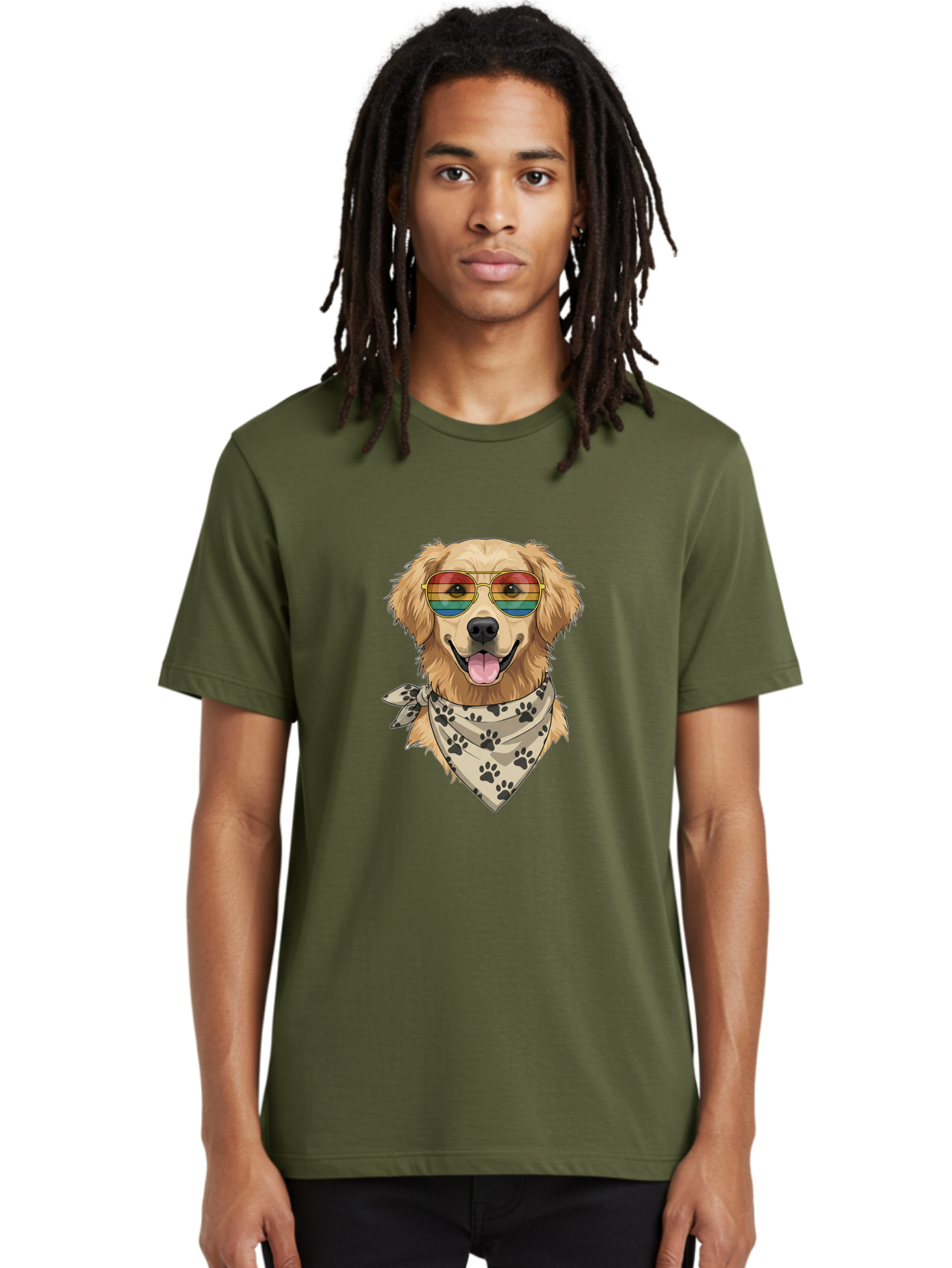 Golden-Retriever-Pride Men'S Graphic Tee, 100% Cotton, Comfortable Casual Summer Wear, Machine Washable, Golden Retriever Wearing Rainbow Sunglasses, Bandana With Paw Prints, Happy Dog, Pride Symbol, Fun Pet, Colorful Illustration, Bab987