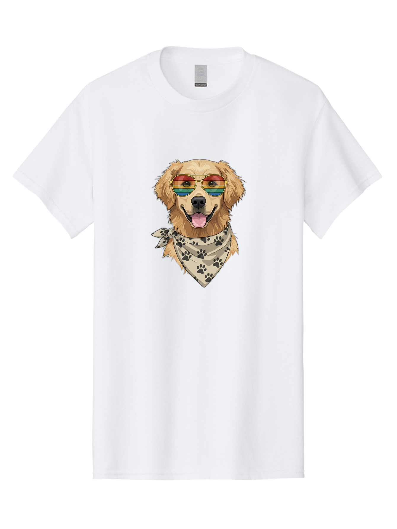 Golden-Retriever-Pride Men'S Graphic Tee, 100% Cotton, Comfortable Casual Summer Wear, Machine Washable, Golden Retriever Wearing Rainbow Sunglasses, Bandana With Paw Prints, Happy Dog, Pride Symbol, Fun Pet, Colorful Illustration, Bab987