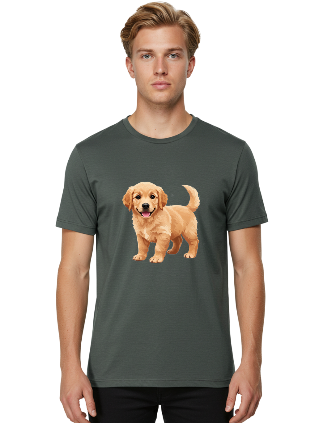 Golden-Retriever-Puppy-3 Men'S Graphic Tee, 100% Cotton, Comfortable Casual Summer Wear, Machine Washable, Golden Retriever Puppy, Dog Portrait, Playful Dog, Happy Puppy, Furry Friend, Dog'S Smile, Tail Wagging, Adorable Pet, Cartoon Dog, Bab990