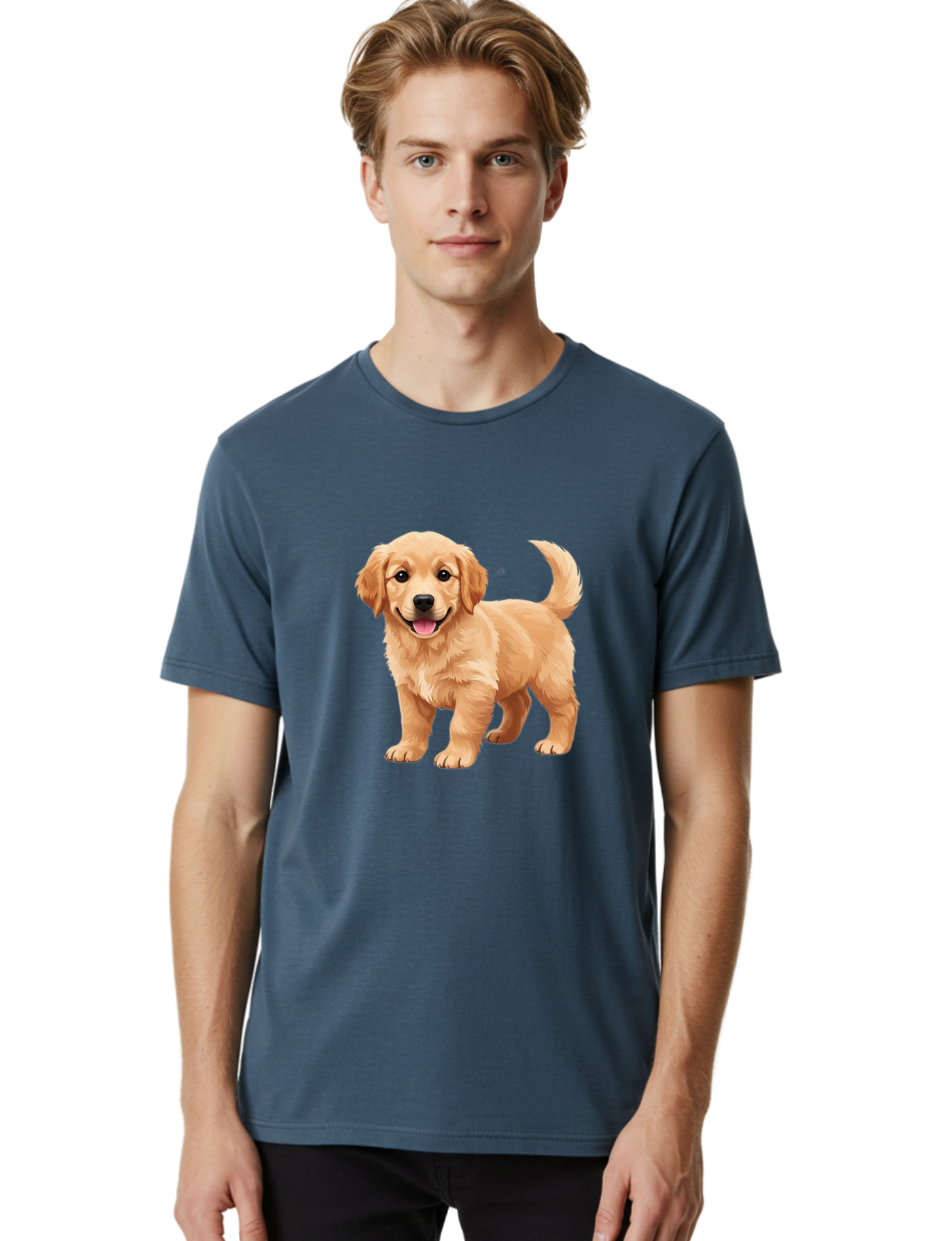 Golden-Retriever-Puppy-3 Men'S Graphic Tee, 100% Cotton, Comfortable Casual Summer Wear, Machine Washable, Golden Retriever Puppy, Dog Portrait, Playful Dog, Happy Puppy, Furry Friend, Dog'S Smile, Tail Wagging, Adorable Pet, Cartoon Dog, Bab990