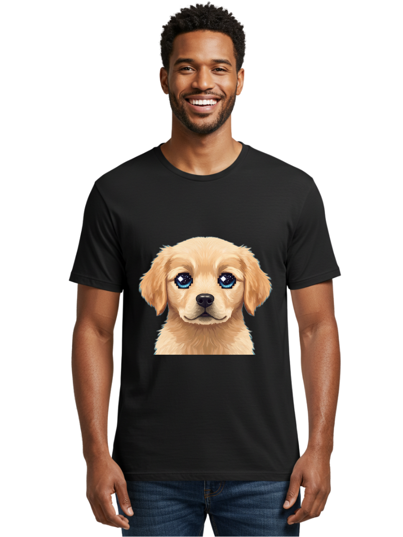 Golden-Retriever-Puppy-4 Men'S Graphic Tee, 100% Cotton, Comfortable Casual Summer Wear, Machine Washable, Golden Retriever Puppy, Cute Cartoon Dog, Big Blue Eyes, Galaxy Eyes, Sparkly Eyes, Fluffy Fur, Adorable Face, Sweet Puppy, Digital Art Bab991
