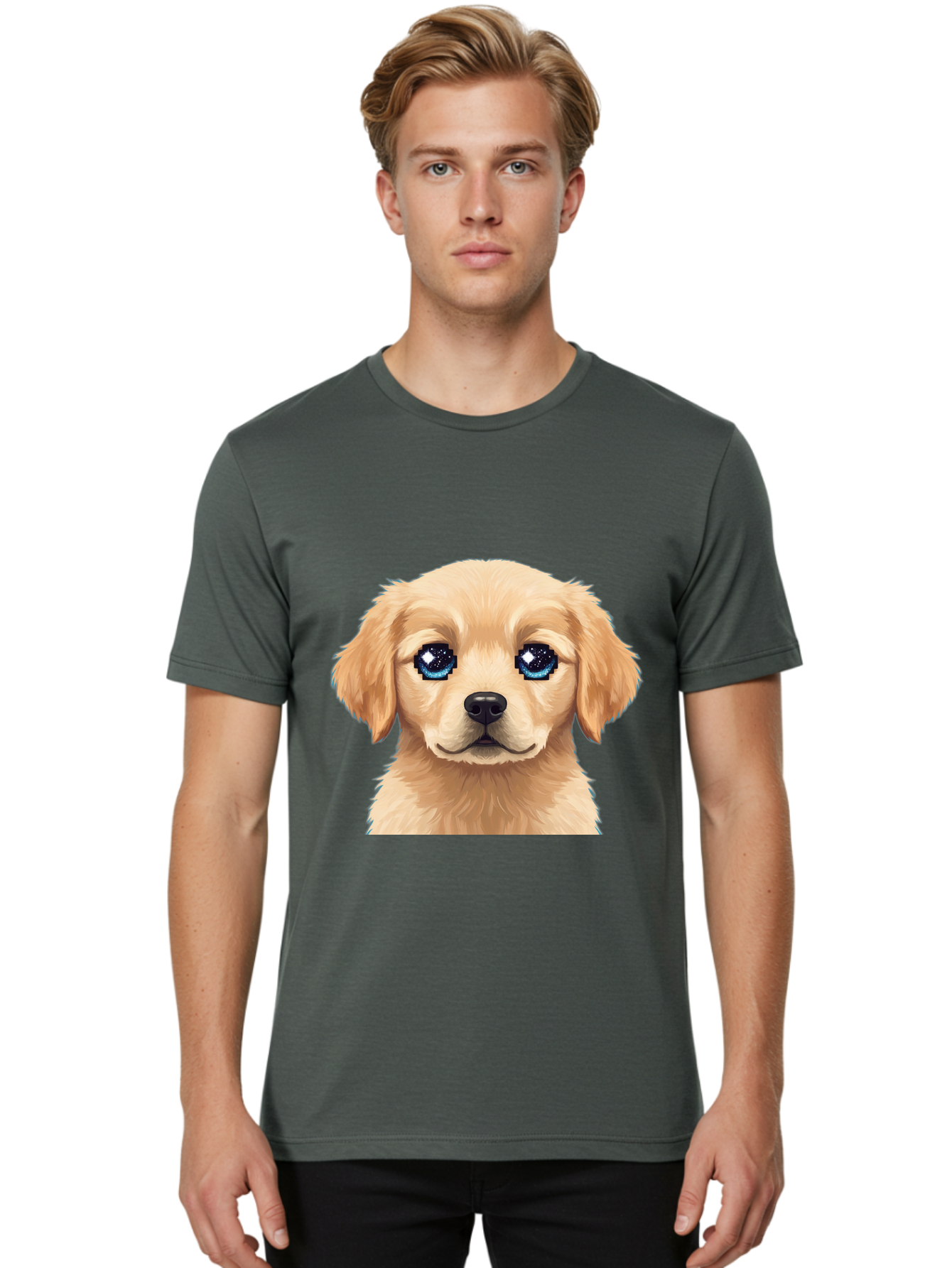 Golden-Retriever-Puppy-4 Men'S Graphic Tee, 100% Cotton, Comfortable Casual Summer Wear, Machine Washable, Golden Retriever Puppy, Cute Cartoon Dog, Big Blue Eyes, Galaxy Eyes, Sparkly Eyes, Fluffy Fur, Adorable Face, Sweet Puppy, Digital Art Bab991