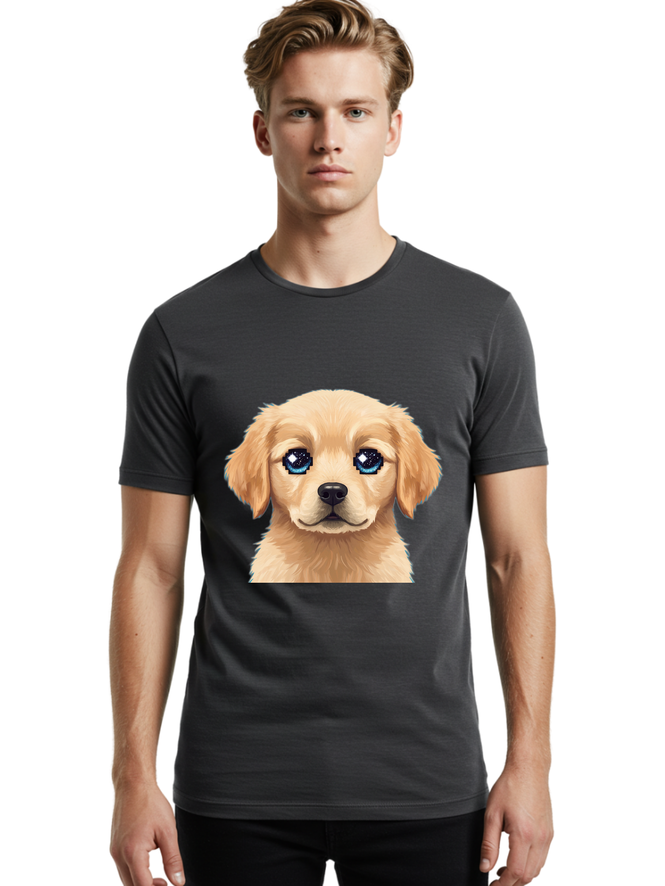 Golden-Retriever-Puppy-4 Men'S Graphic Tee, 100% Cotton, Comfortable Casual Summer Wear, Machine Washable, Golden Retriever Puppy, Cute Cartoon Dog, Big Blue Eyes, Galaxy Eyes, Sparkly Eyes, Fluffy Fur, Adorable Face, Sweet Puppy, Digital Art Bab991