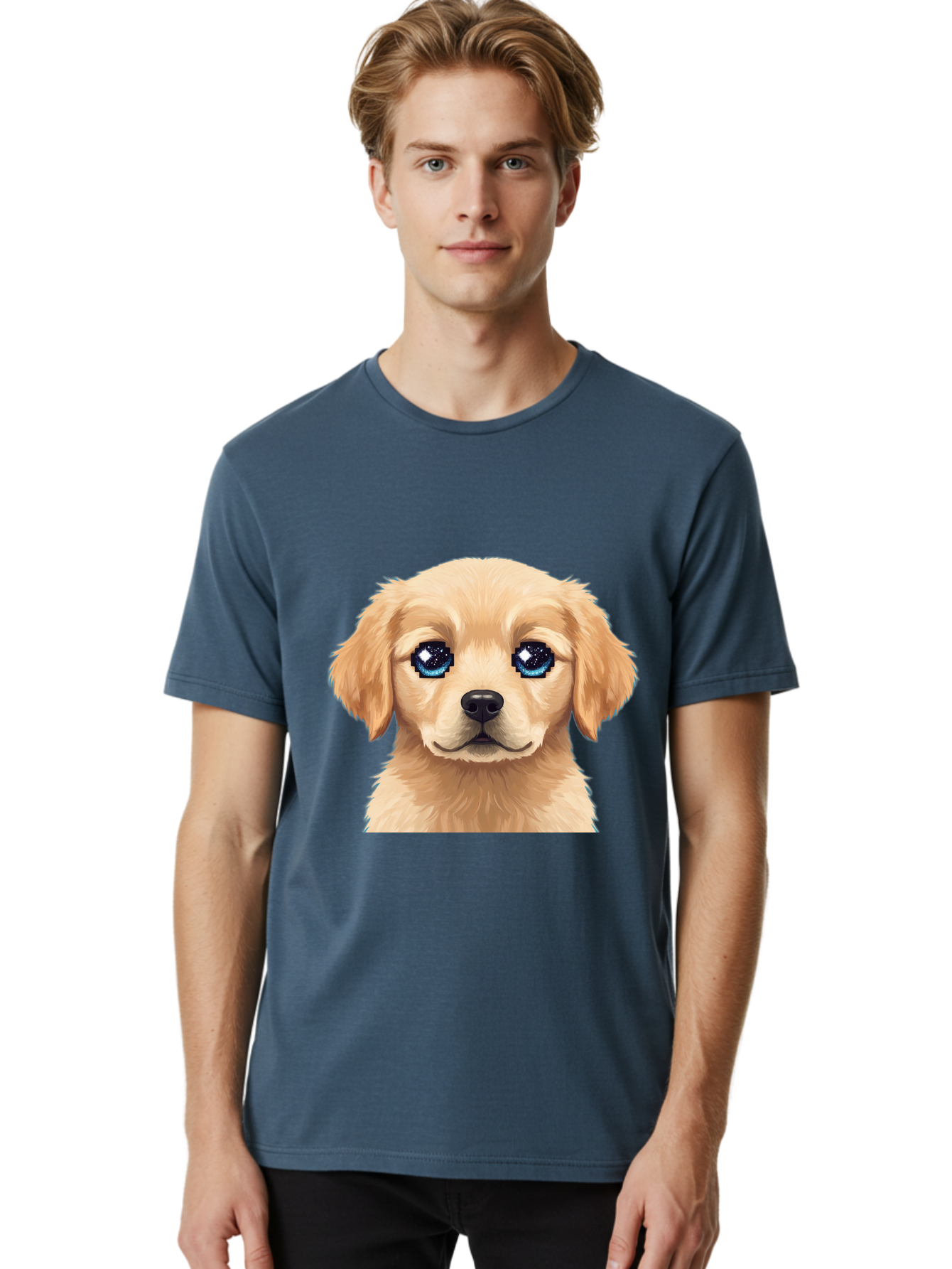 Golden-Retriever-Puppy-4 Men'S Graphic Tee, 100% Cotton, Comfortable Casual Summer Wear, Machine Washable, Golden Retriever Puppy, Cute Cartoon Dog, Big Blue Eyes, Galaxy Eyes, Sparkly Eyes, Fluffy Fur, Adorable Face, Sweet Puppy, Digital Art Bab991