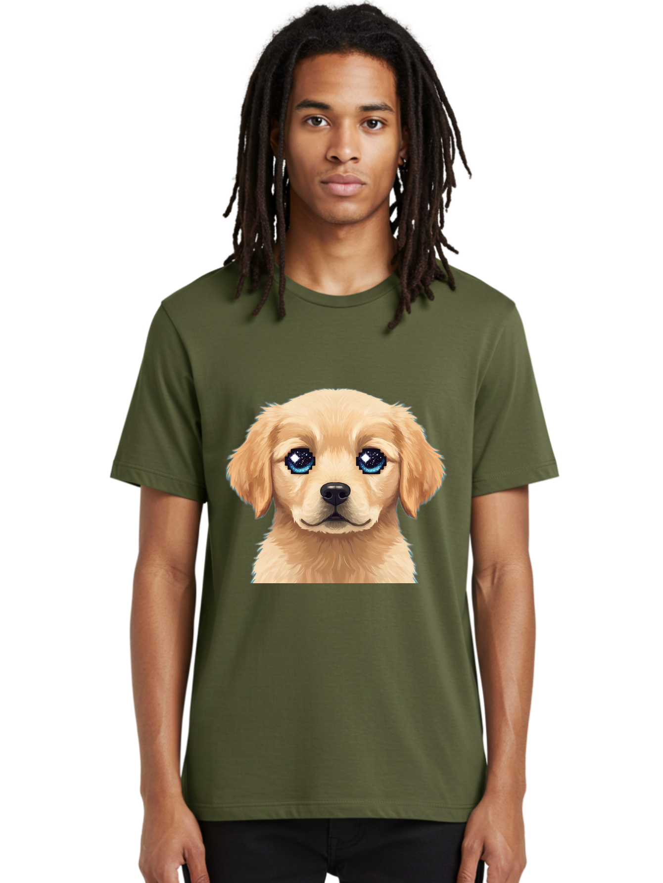 Golden-Retriever-Puppy-4 Men'S Graphic Tee, 100% Cotton, Comfortable Casual Summer Wear, Machine Washable, Golden Retriever Puppy, Cute Cartoon Dog, Big Blue Eyes, Galaxy Eyes, Sparkly Eyes, Fluffy Fur, Adorable Face, Sweet Puppy, Digital Art Bab991