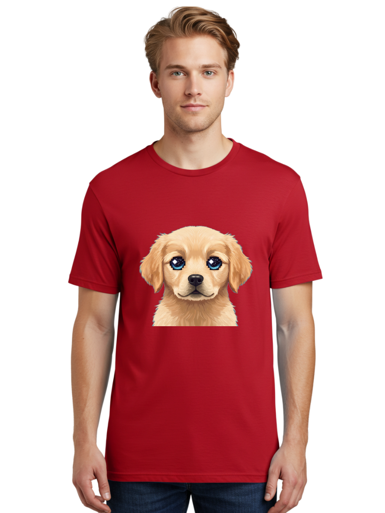 Golden-Retriever-Puppy-4 Men'S Graphic Tee, 100% Cotton, Comfortable Casual Summer Wear, Machine Washable, Golden Retriever Puppy, Cute Cartoon Dog, Big Blue Eyes, Galaxy Eyes, Sparkly Eyes, Fluffy Fur, Adorable Face, Sweet Puppy, Digital Art Bab991