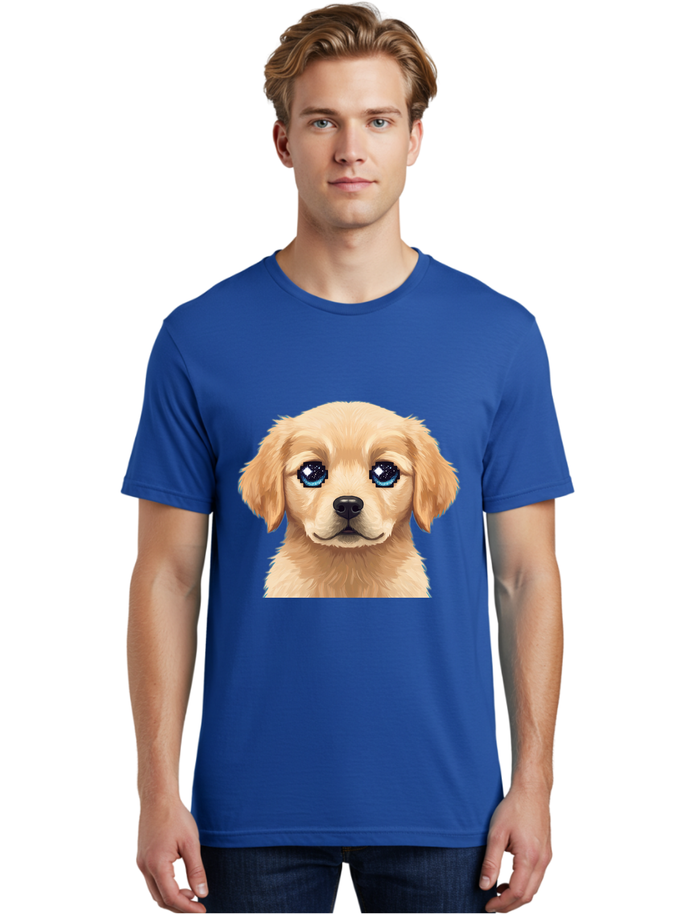 Golden-Retriever-Puppy-4 Men'S Graphic Tee, 100% Cotton, Comfortable Casual Summer Wear, Machine Washable, Golden Retriever Puppy, Cute Cartoon Dog, Big Blue Eyes, Galaxy Eyes, Sparkly Eyes, Fluffy Fur, Adorable Face, Sweet Puppy, Digital Art Bab991